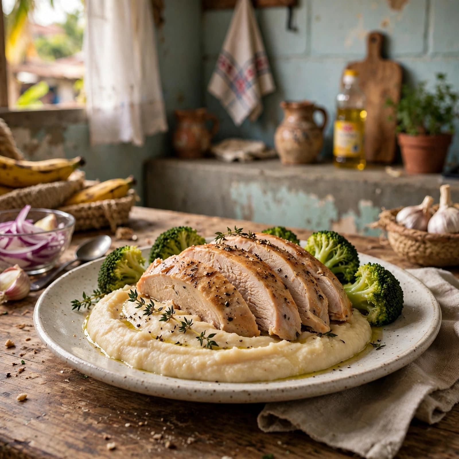 Pechuga de Pavo con Puré de Yautía y Brócoli
