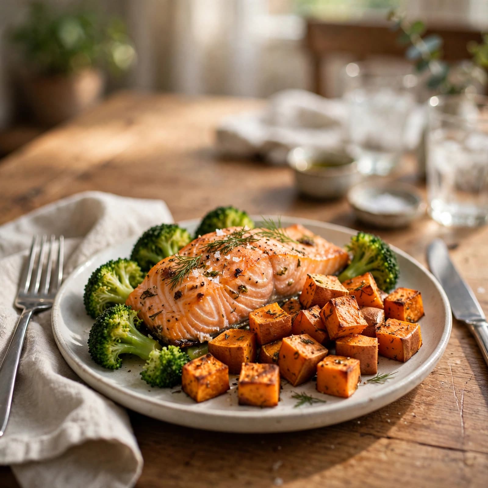 Salmón al Horno con Batata y Brócoli