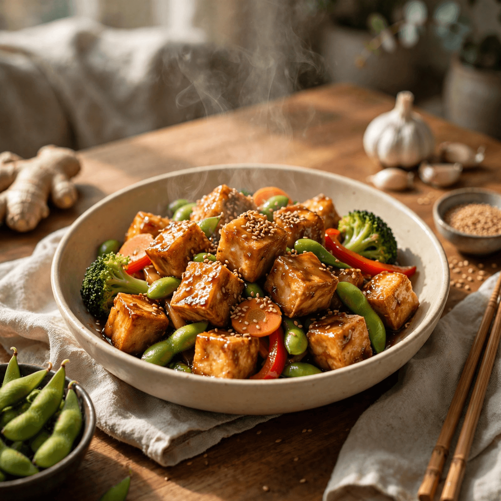 Tofu Crujiente Oriental con Edamame