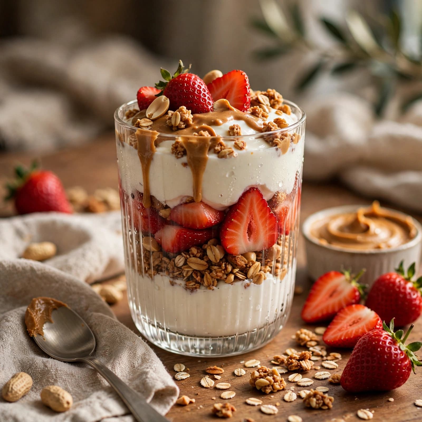 Parfait de Yogur Griego, Fresas, Granola y Maní