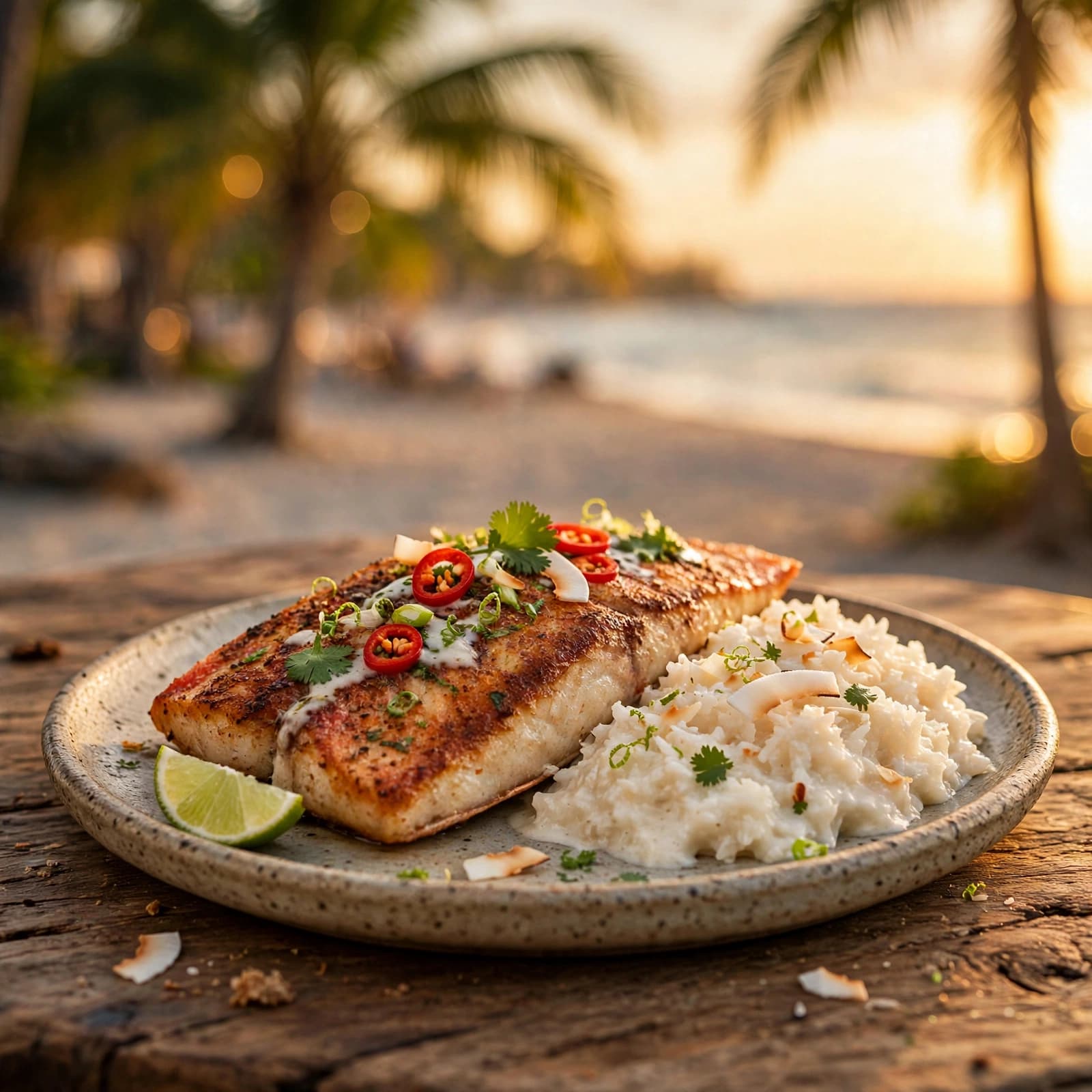 Chillo a la Parrilla con Arroz con Coco Integral