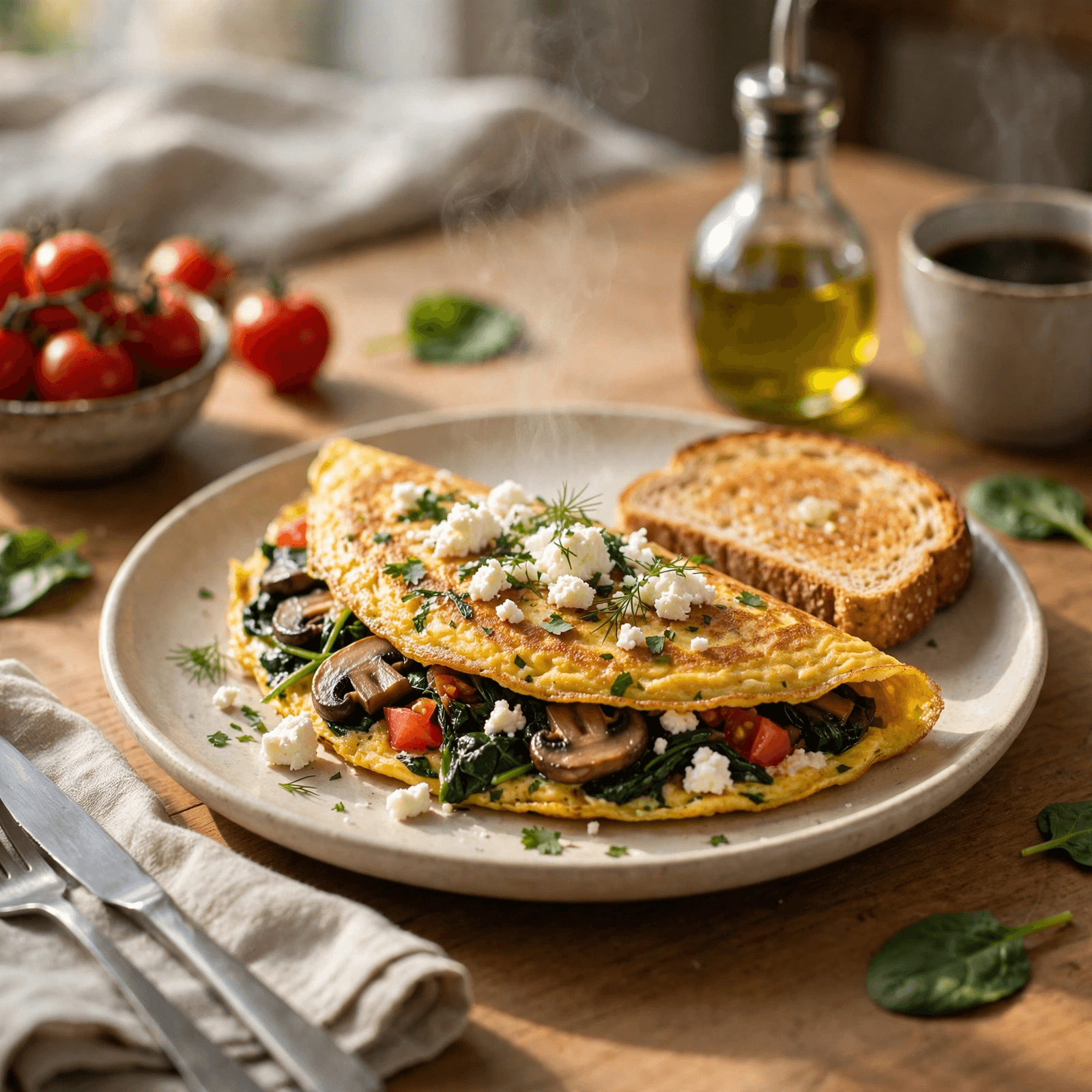 Omelette de Espinaca y Feta con Pan Integral