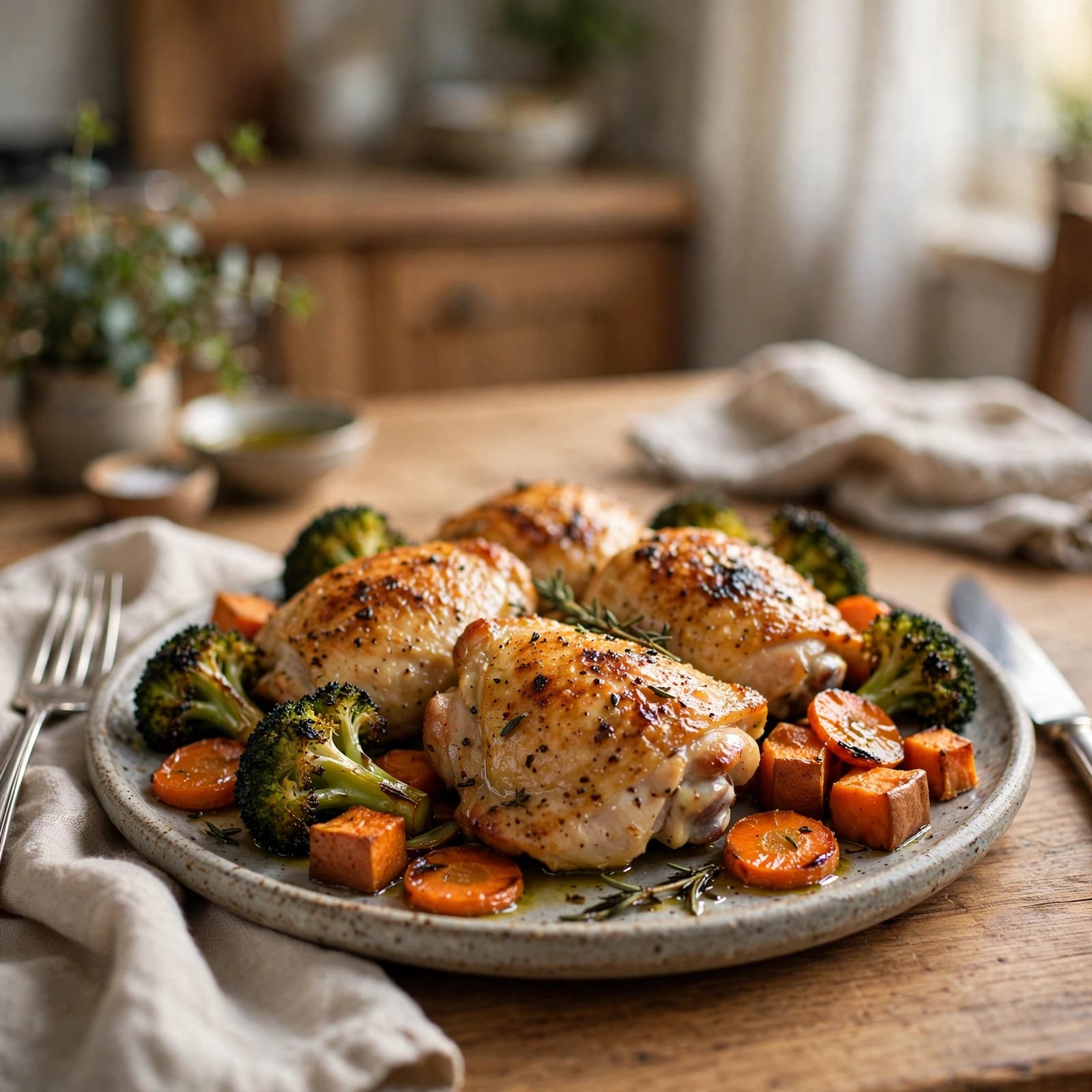 Muslos de Pollo al Horno con Brócoli y Batata