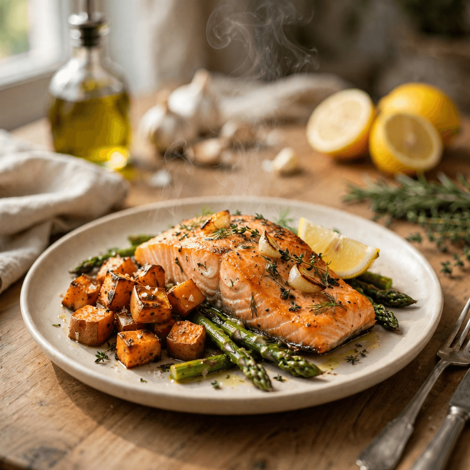 Salmón al Horno con Batata y Espárragos