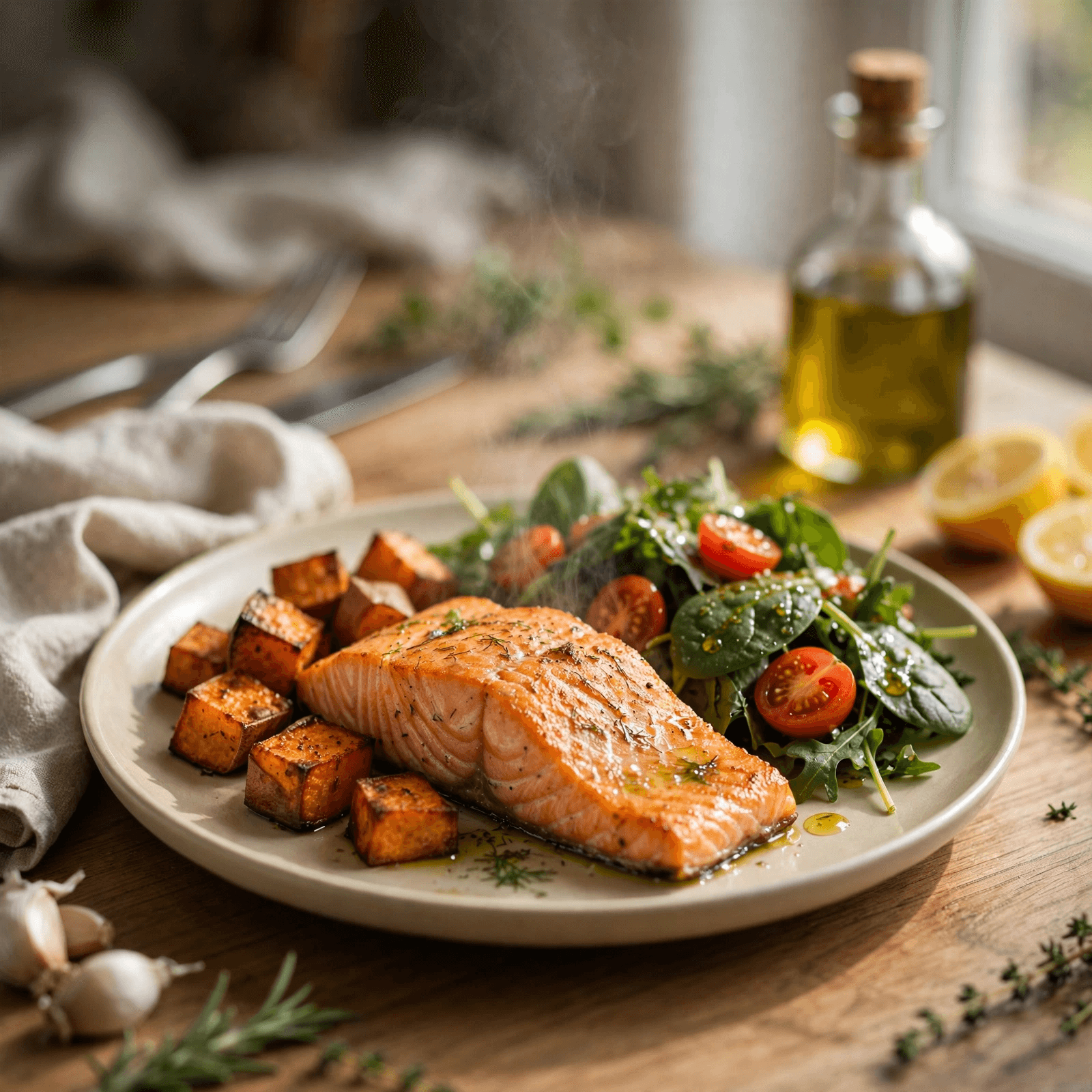 Salmón al Horno con Batata y Ensalada Verde