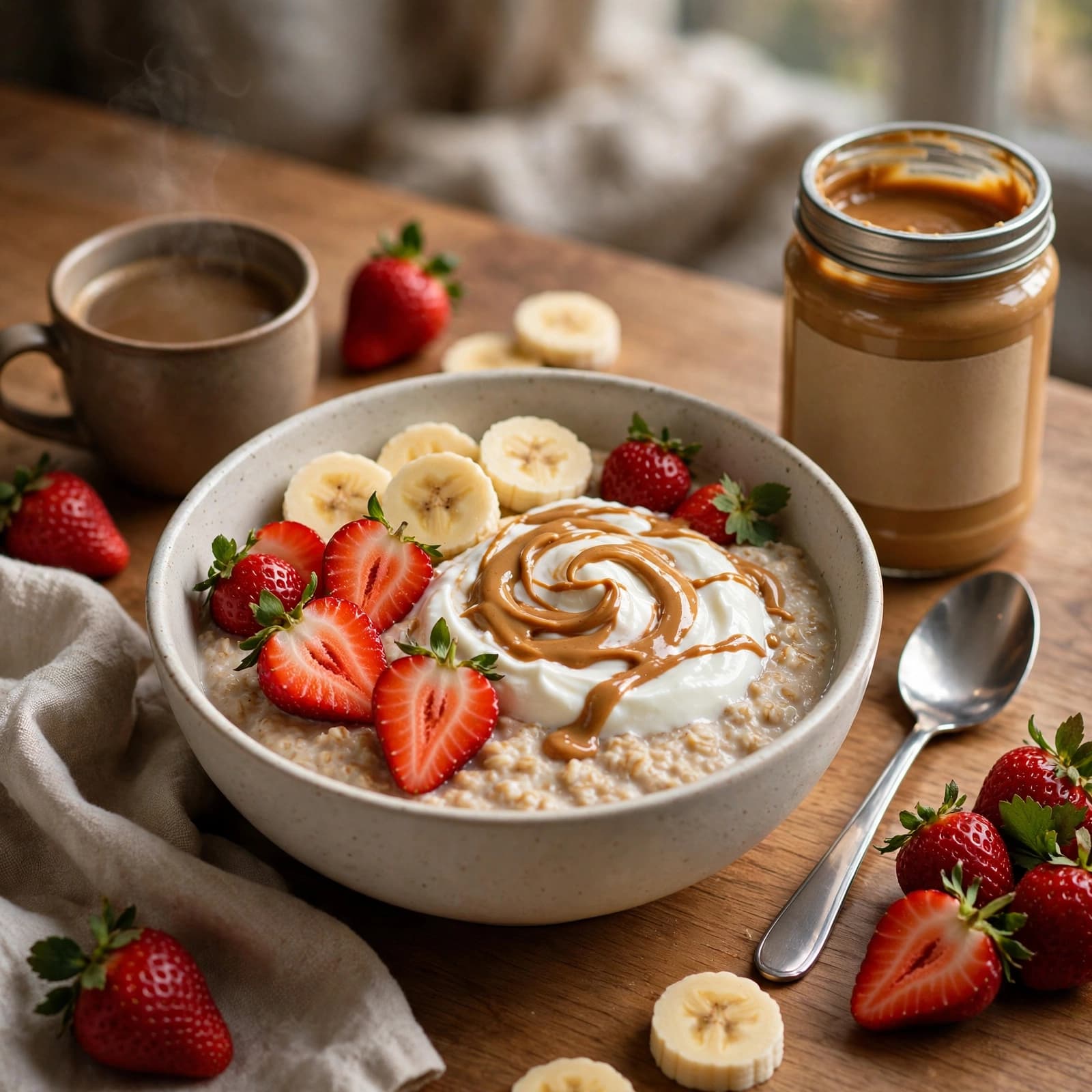 Bowl de Avena, Yogur Griego, Guineo y Fresas