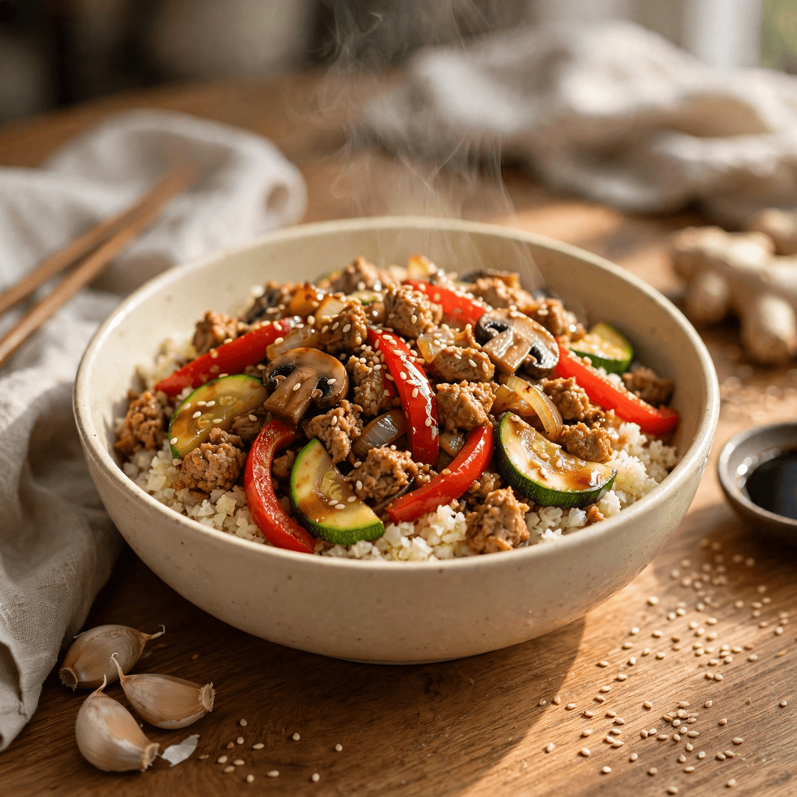 Wok de Pavo con Vegetales y Arroz de Coliflor
