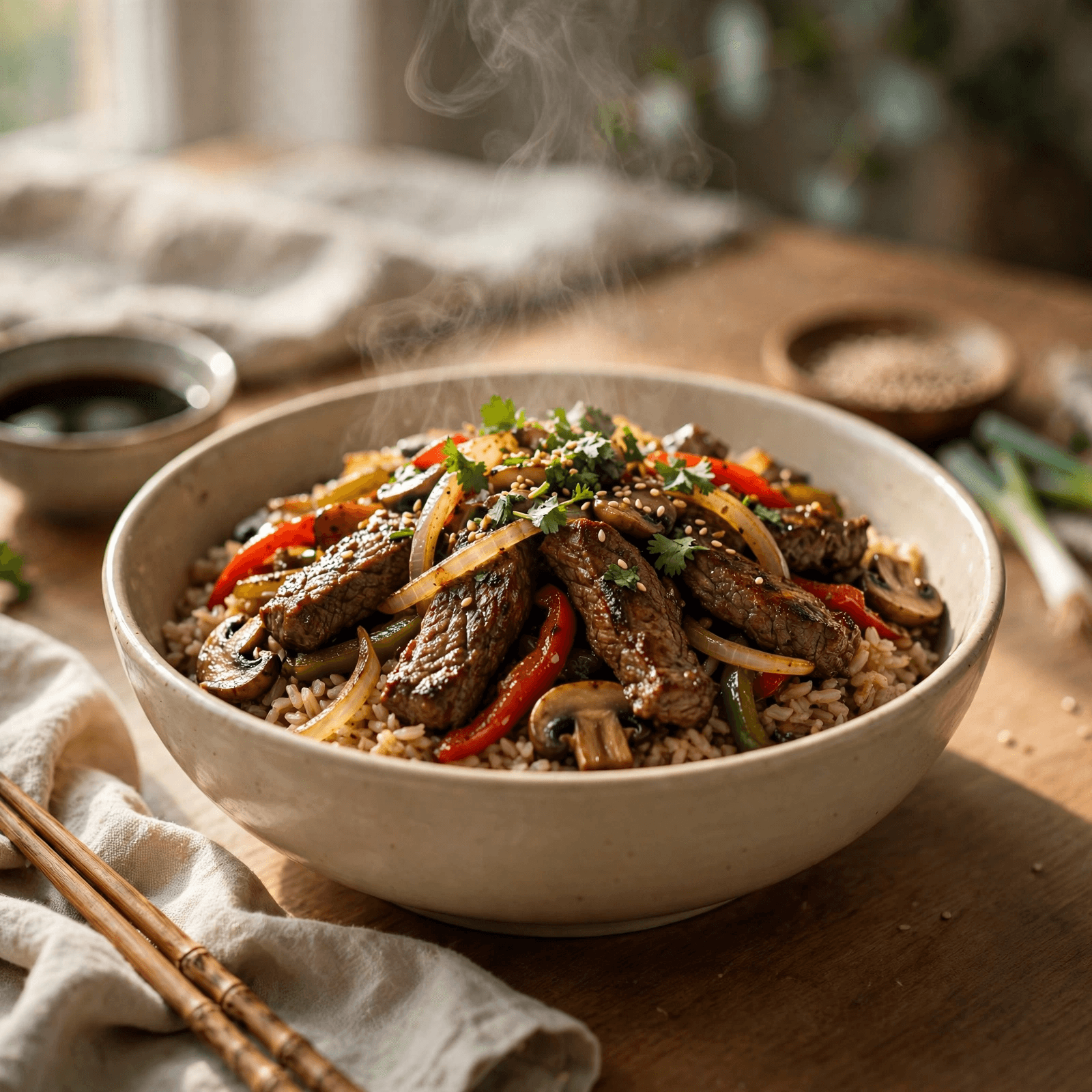 Bowl de Res Salteada con Pimientos y Arroz Integral