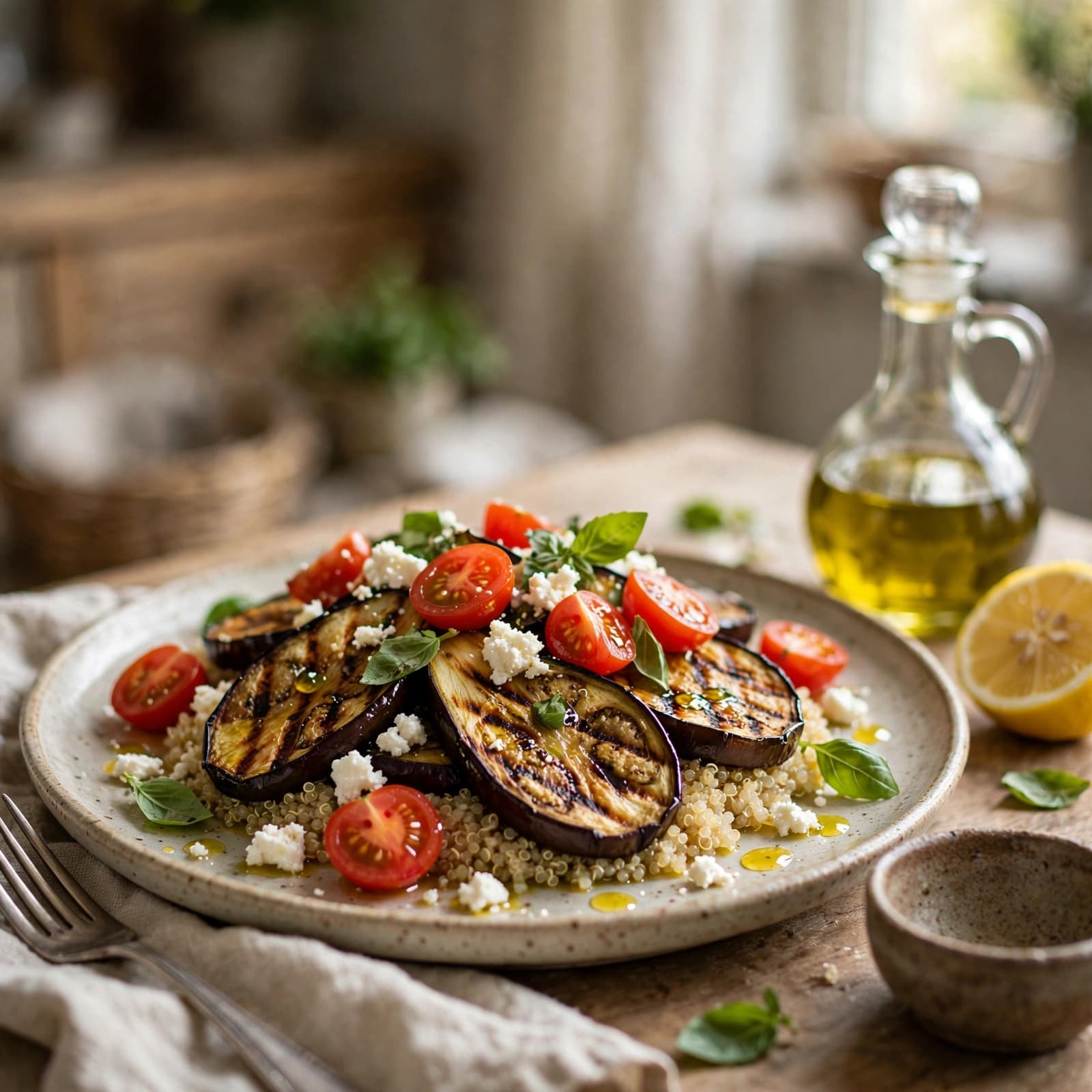 Berenjena Asada con Quinoa y Feta