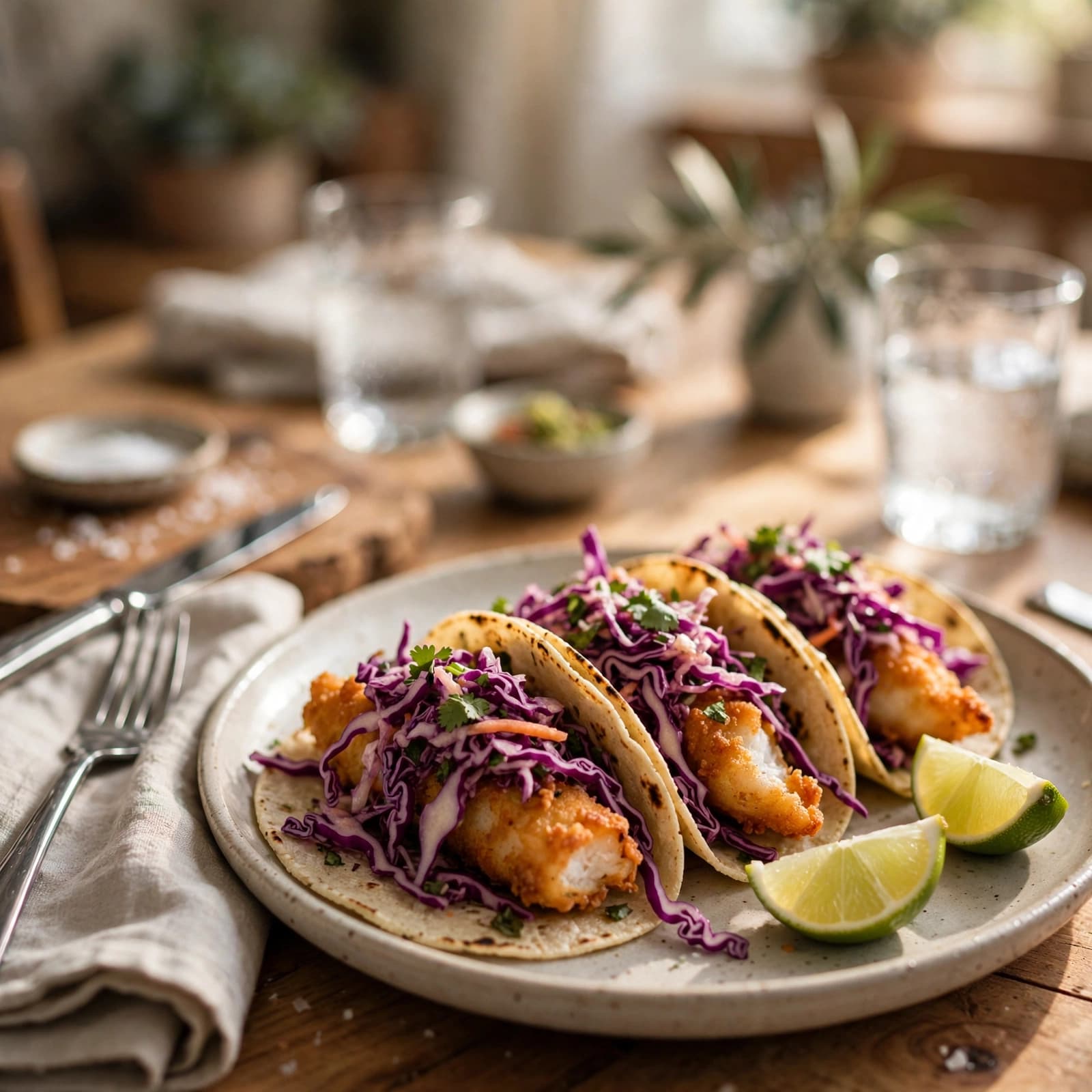 Tacos de Pescado con Ensalada de Repollo y Limón