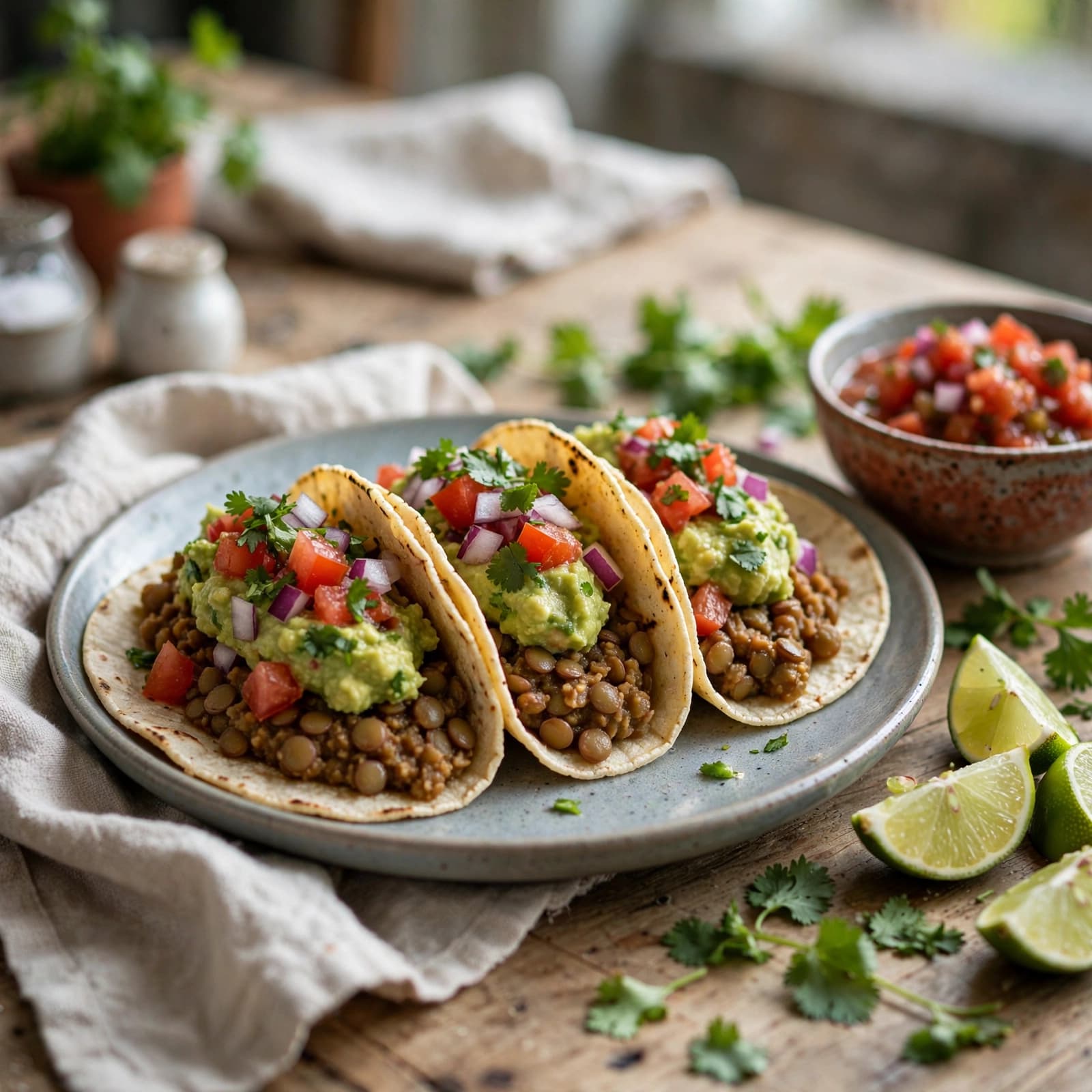 Tacos de Lentejas con Guacamole