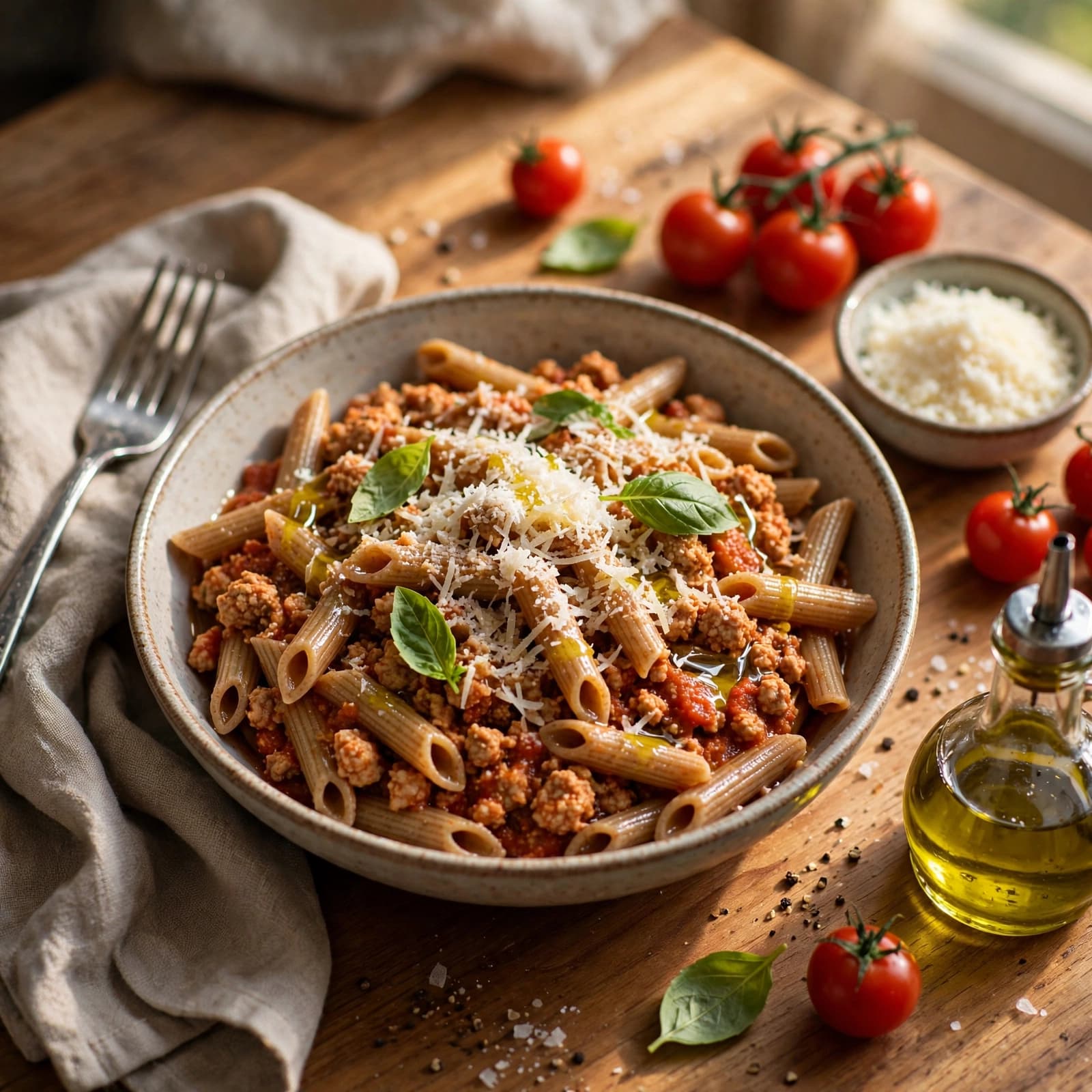Pasta Integral con Pavo y Parmesano