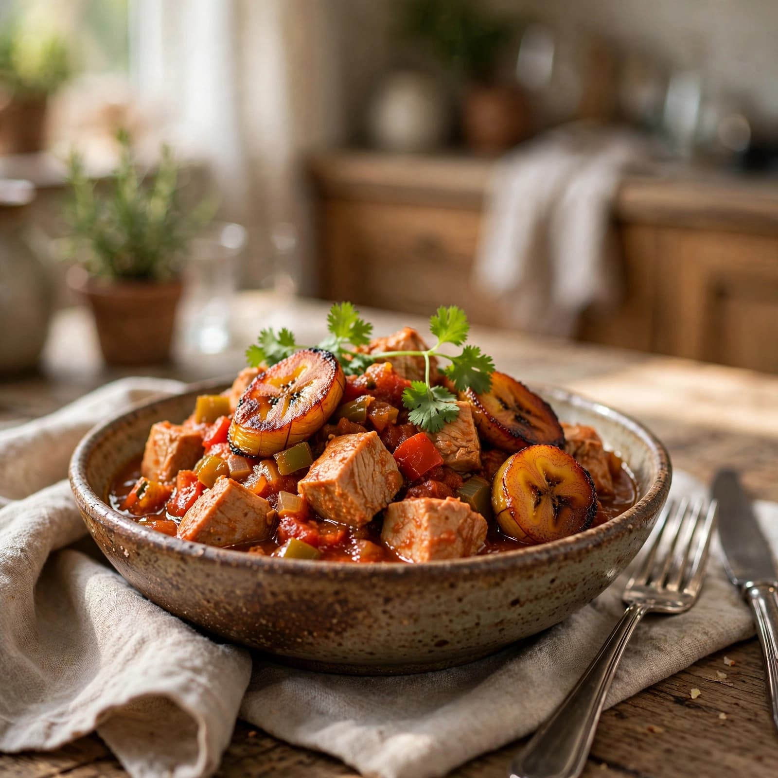 Pavo Guisado con Plátano Maduro
