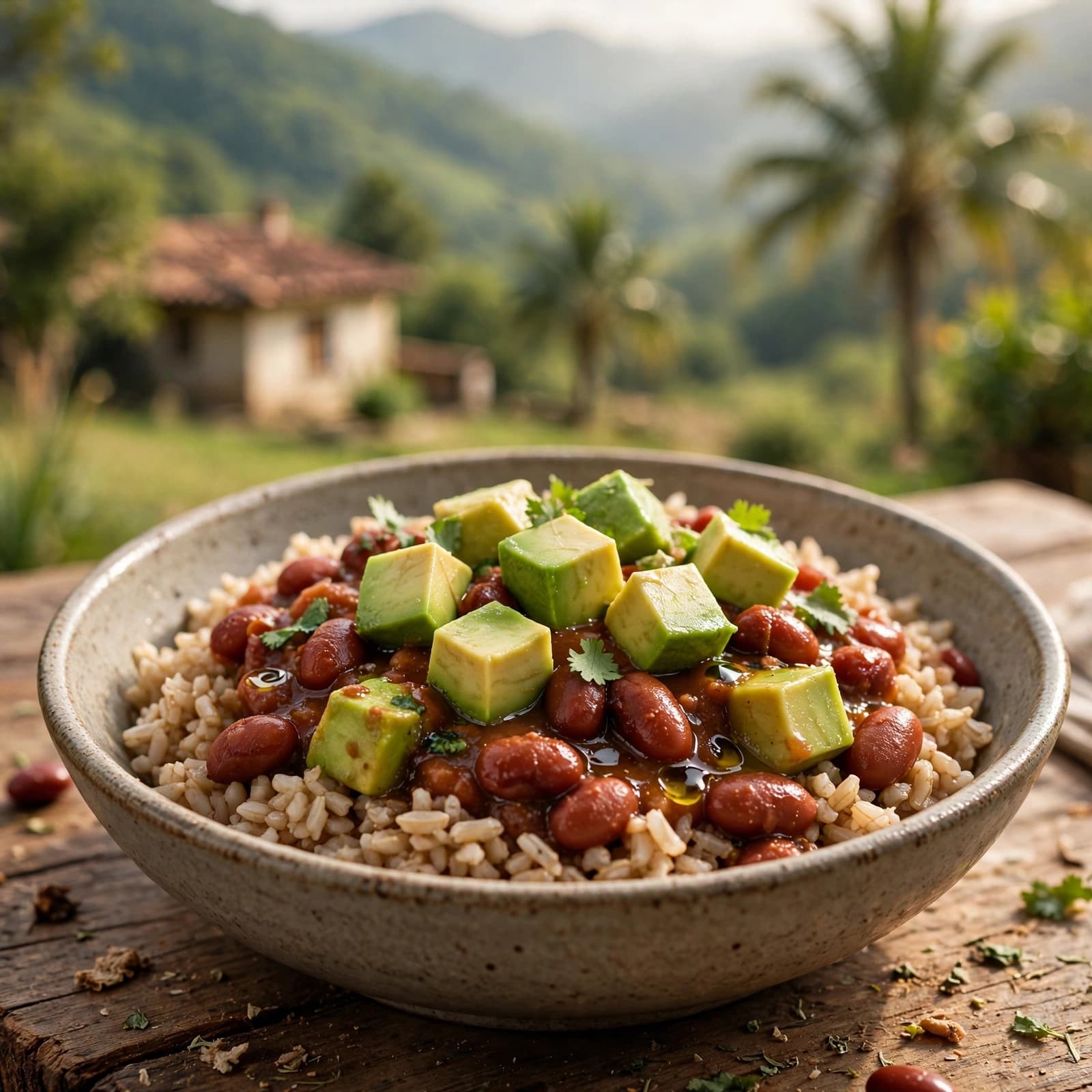 Bowl de Arroz Integral con Habichuelas Guisadas y Aguacate