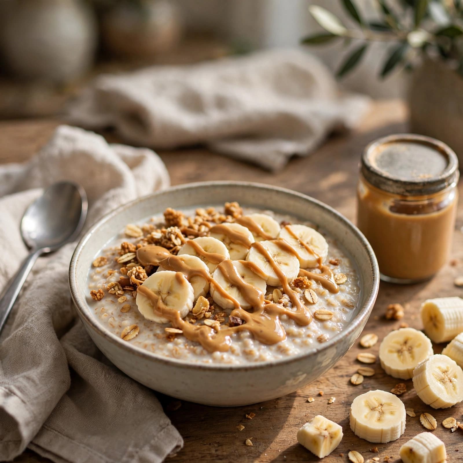 Bowl de Avena con Leche de Almendra, Plátano y Mantequilla de Maní