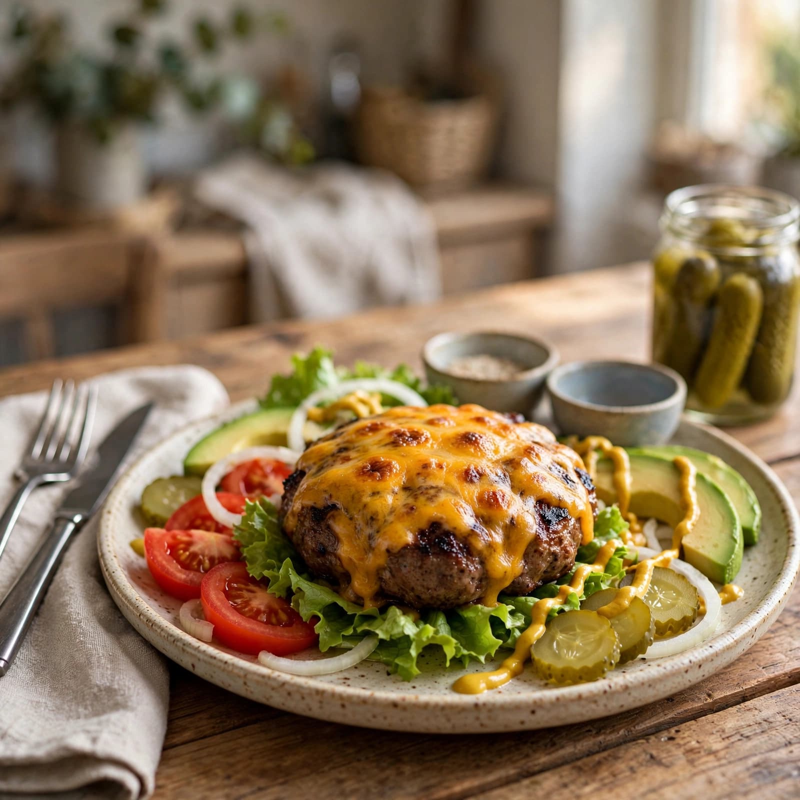 Hamburguesa sin Pan con Queso y Aguacate