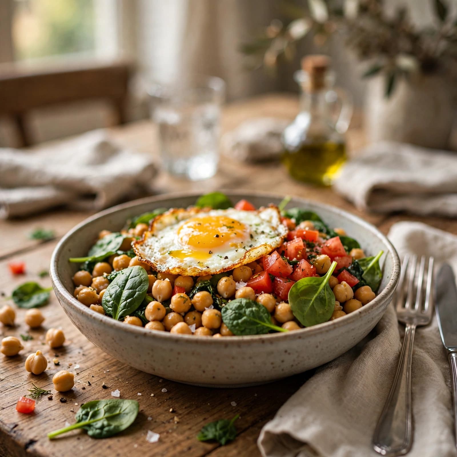 Bowl de Garbanzos con Espinaca, Huevo y Tomate