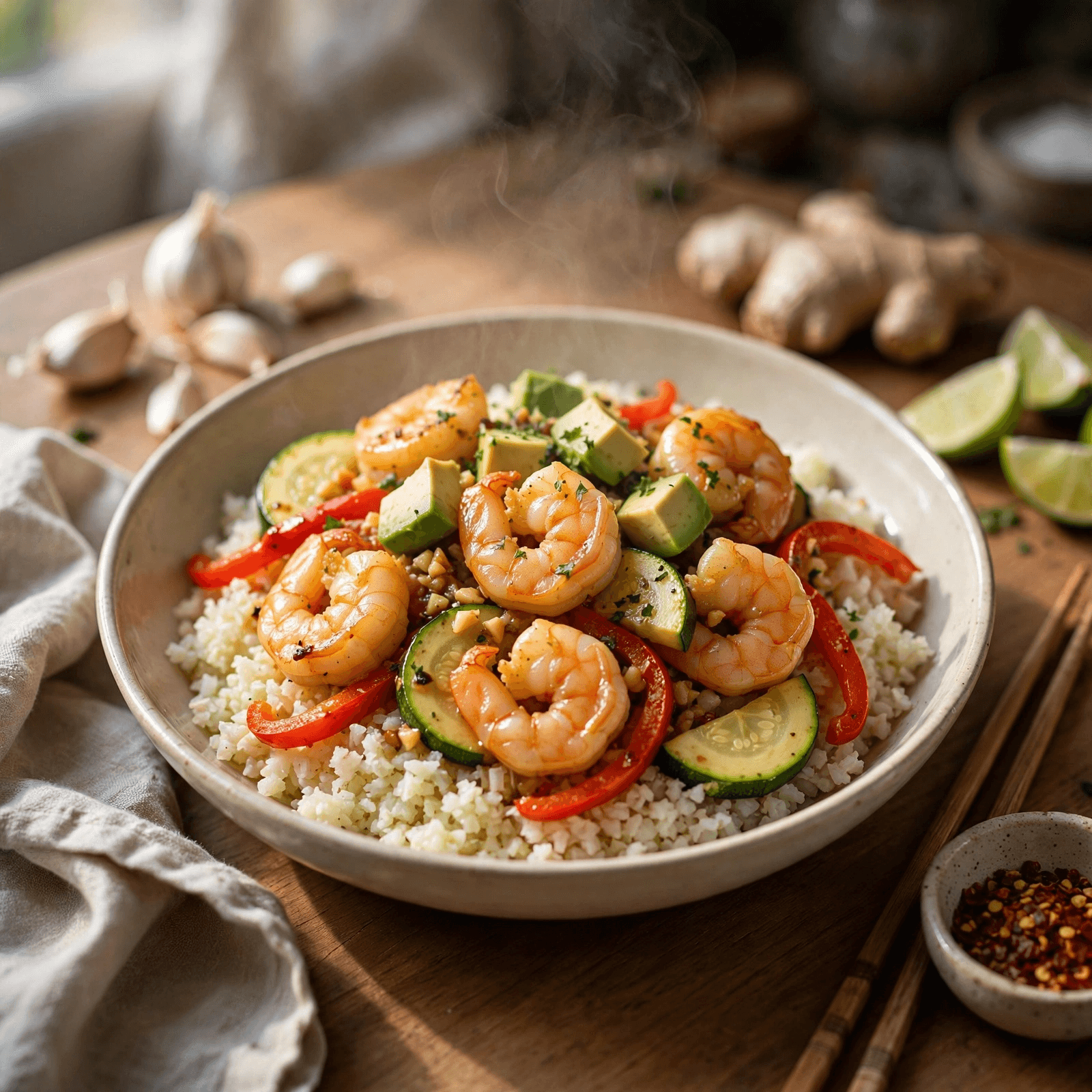 Salteado de Camarones al Ajillo con Arroz de Coliflor