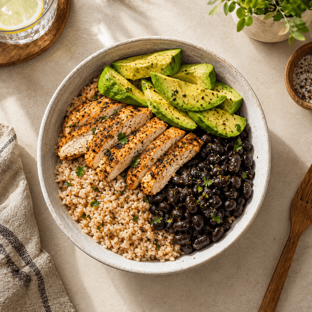 Bowl de Arroz Integral con Pollo, Habichuelas Negras y Aguacate