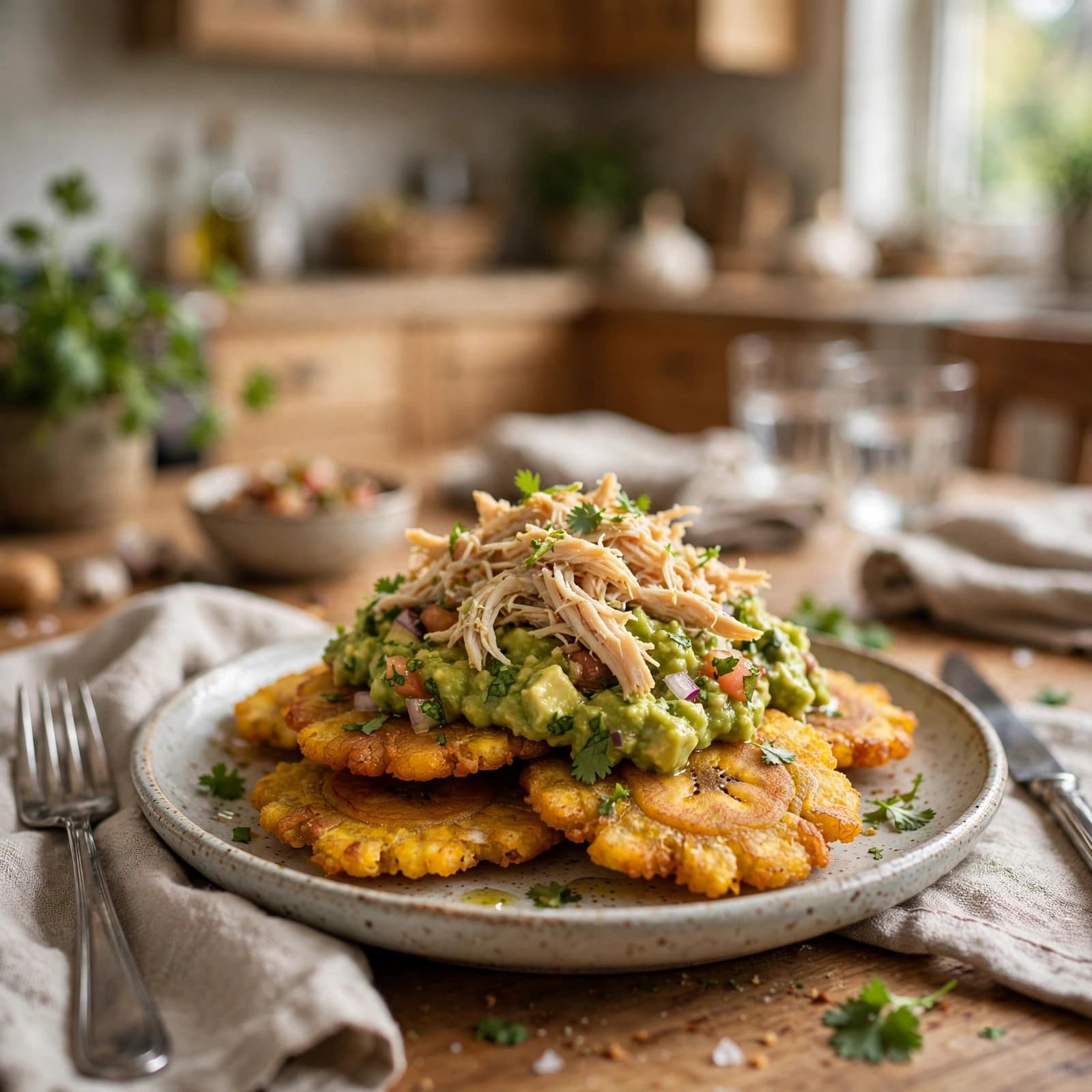 Tostones con Guacamole y Pollo Deshebrado