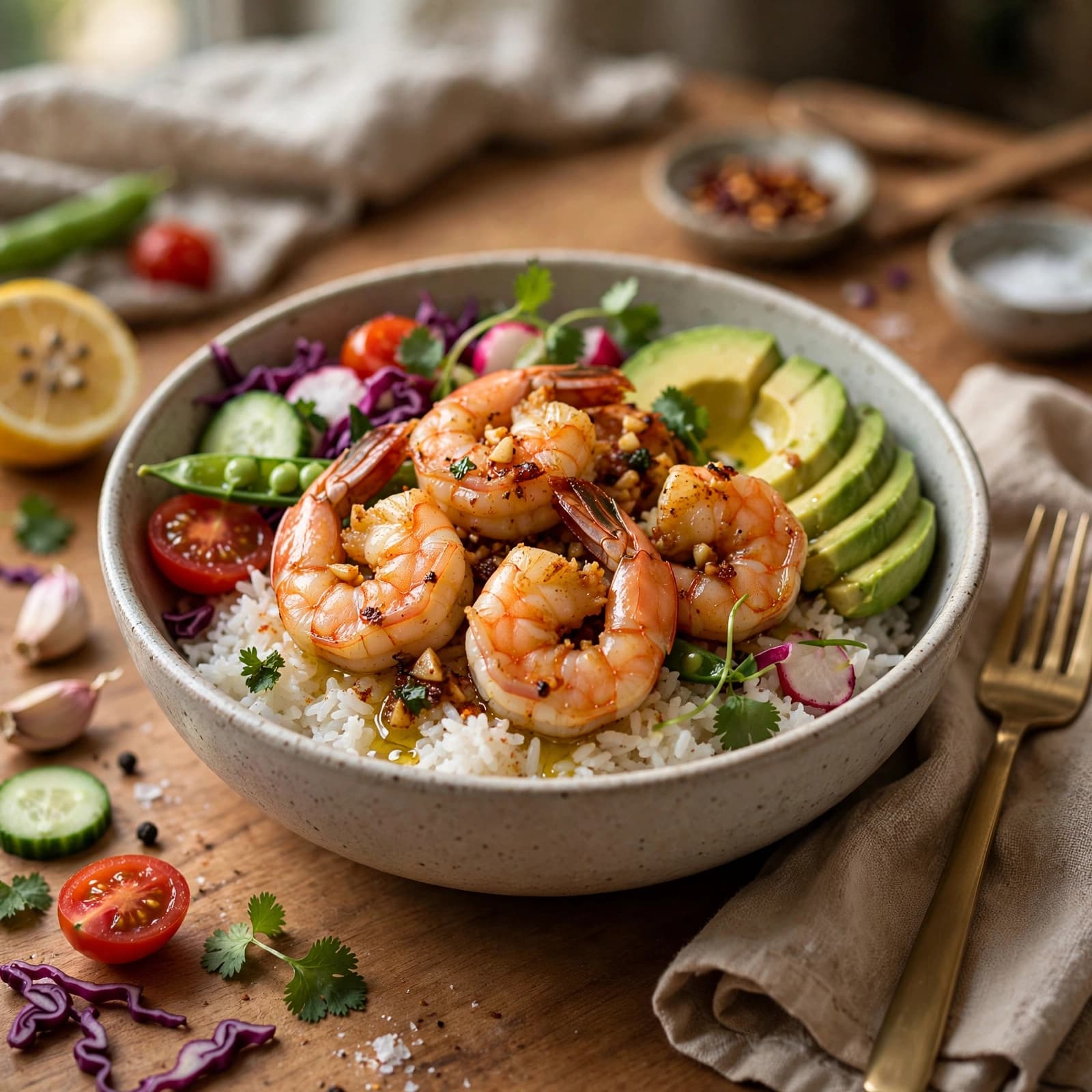Bowl de Camarones, Arroz, Aguacate y Vegetales