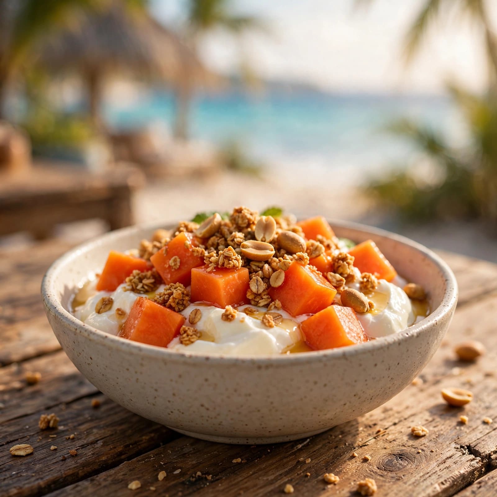 Bowl de Yogur Griego con Lechosa, Granola y Maní