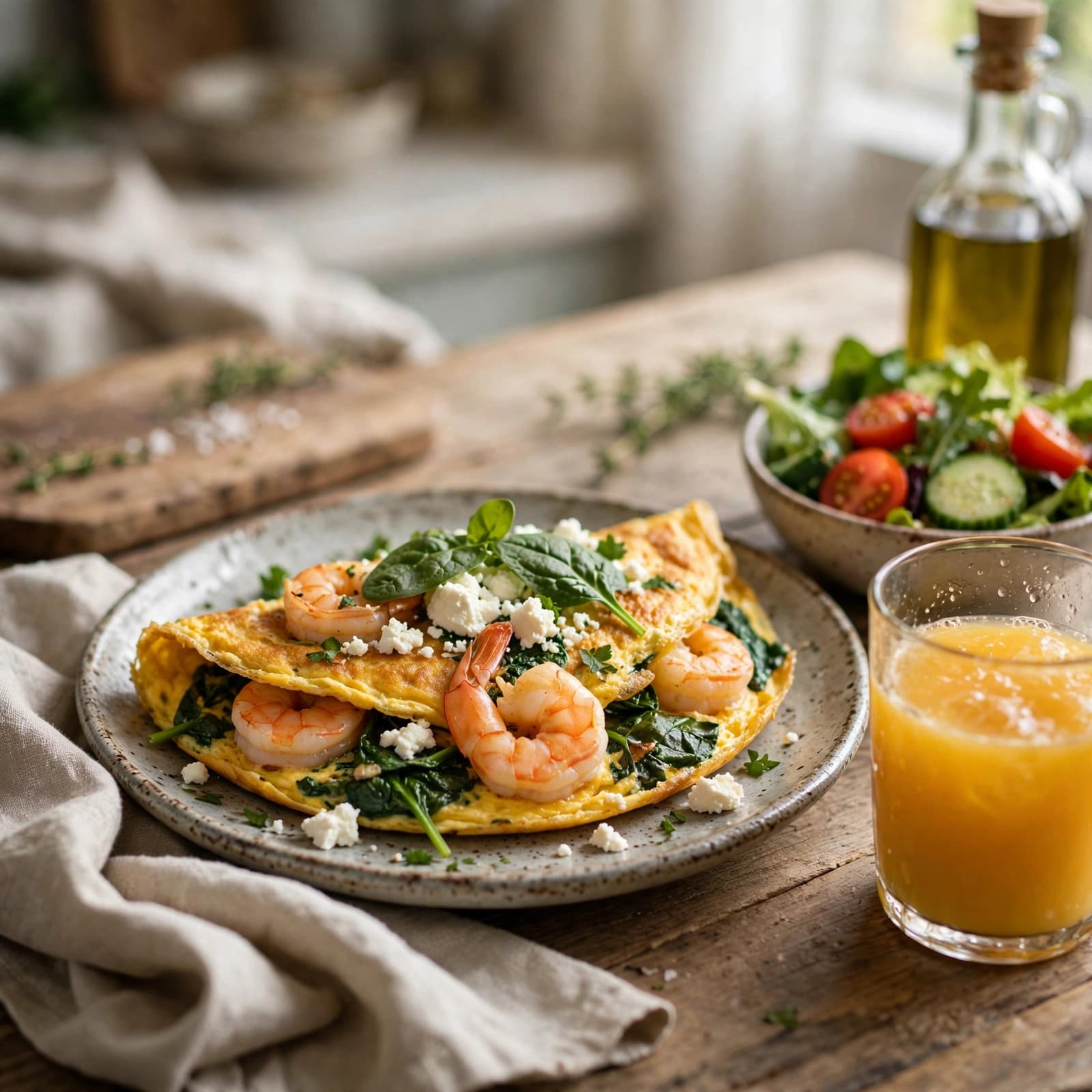 Tortilla de Camarones con Espinaca y Queso Feta