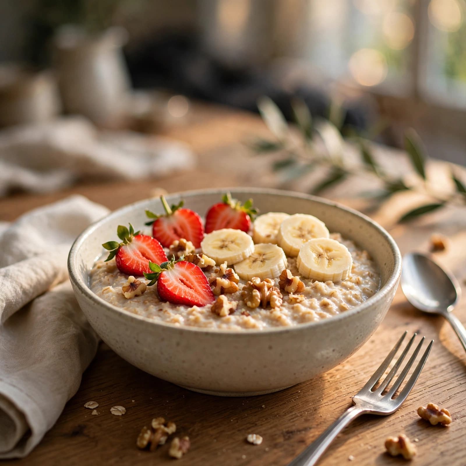 Avena con Plátano, Fresas y Nueces