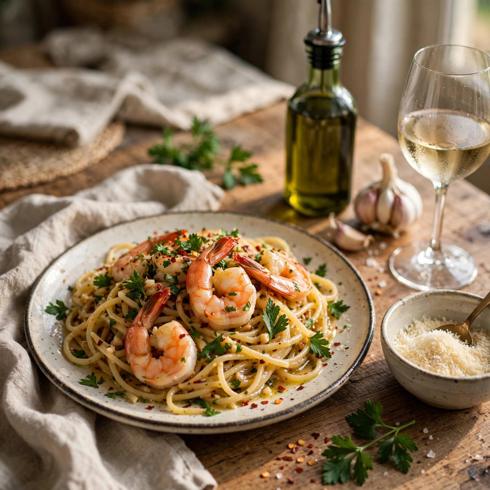 Pasta con Camarones al Ajillo