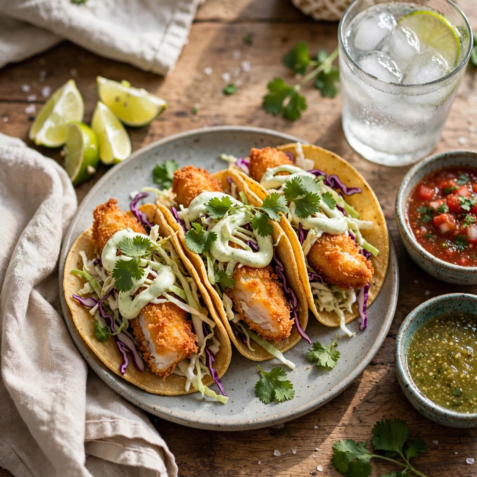 Tacos de Pescado Empanizado con Ensalada de Repollo