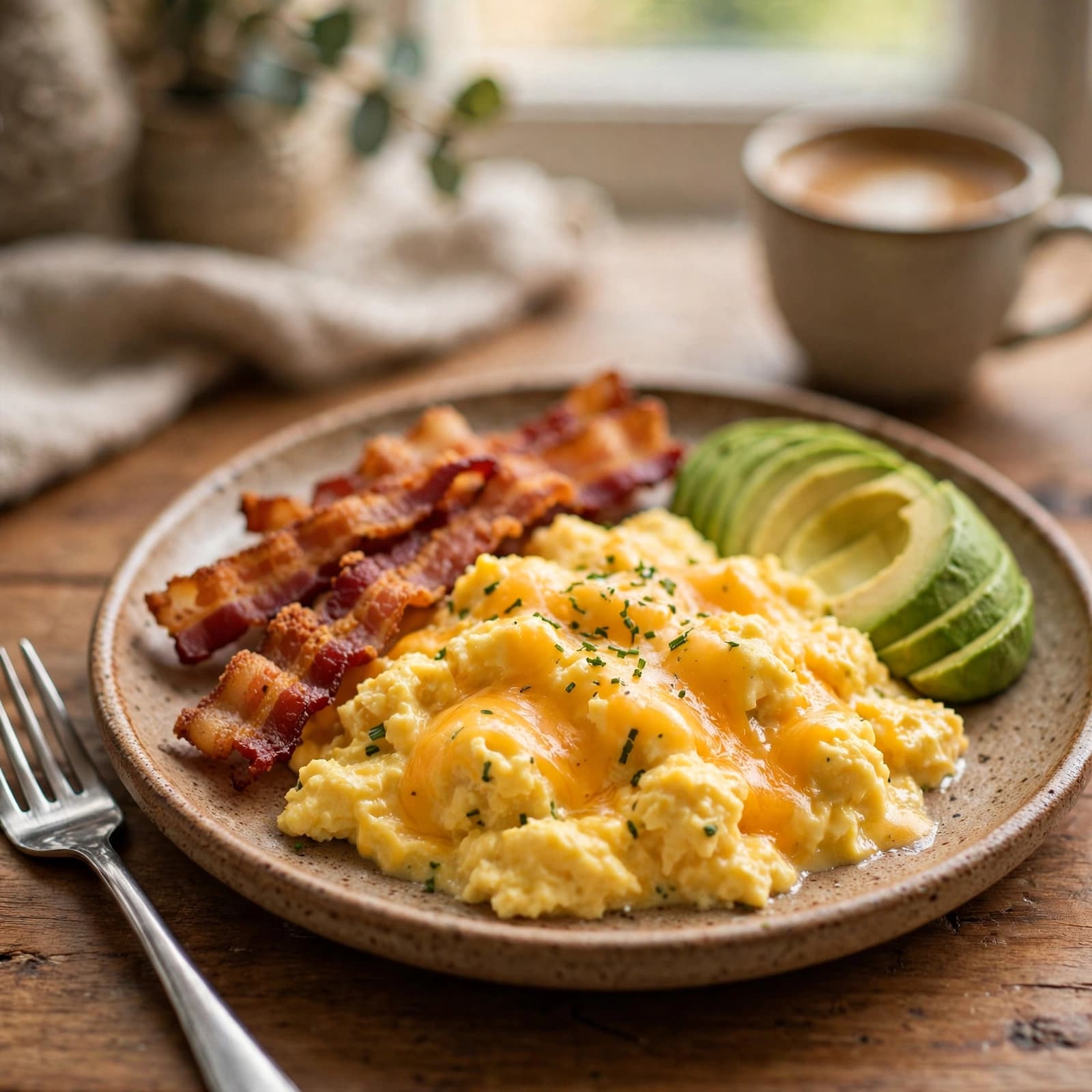 Revuelto de Huevos con Tocino y Aguacate