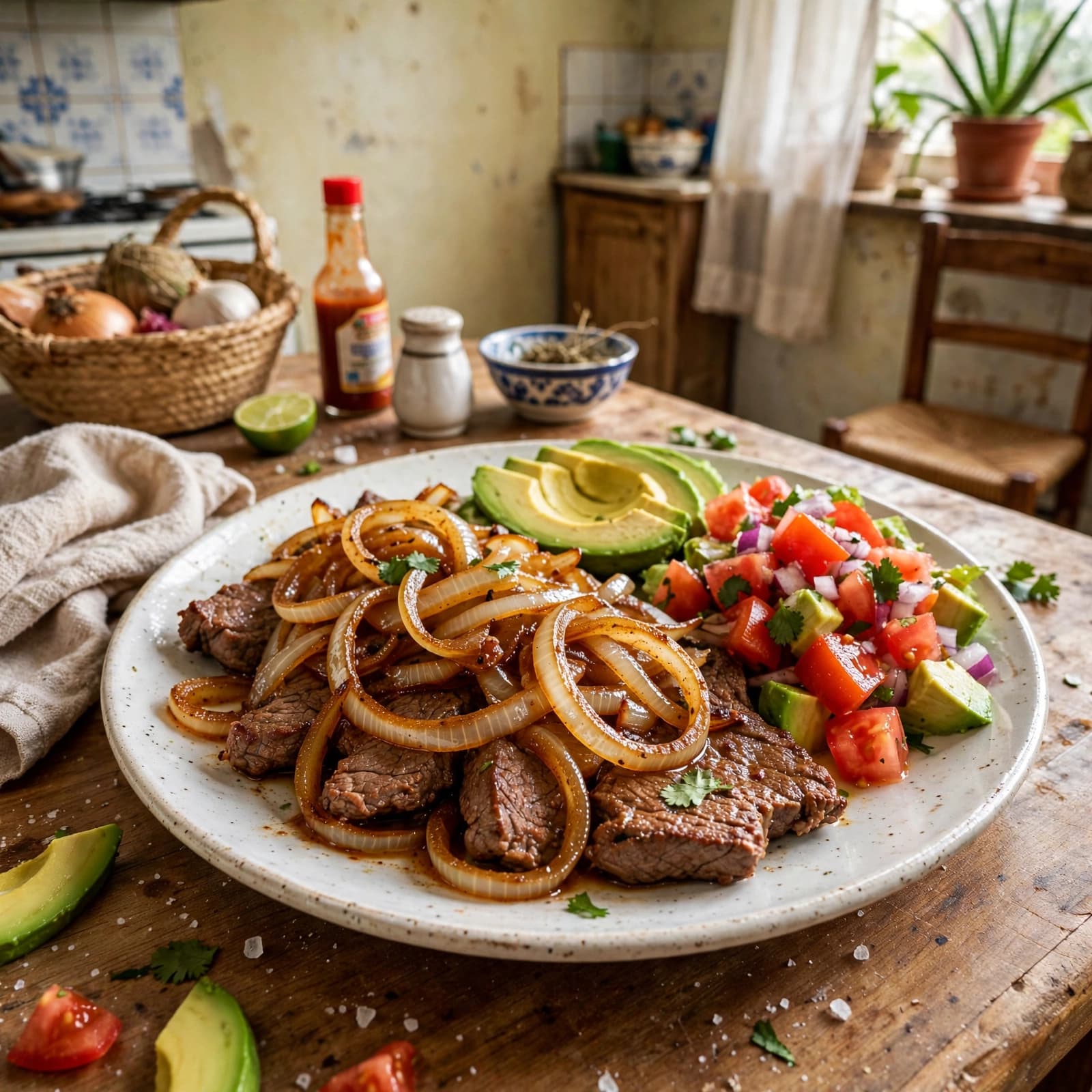 Bistec Encebollado con Ensalada de Aguacate y Tomate