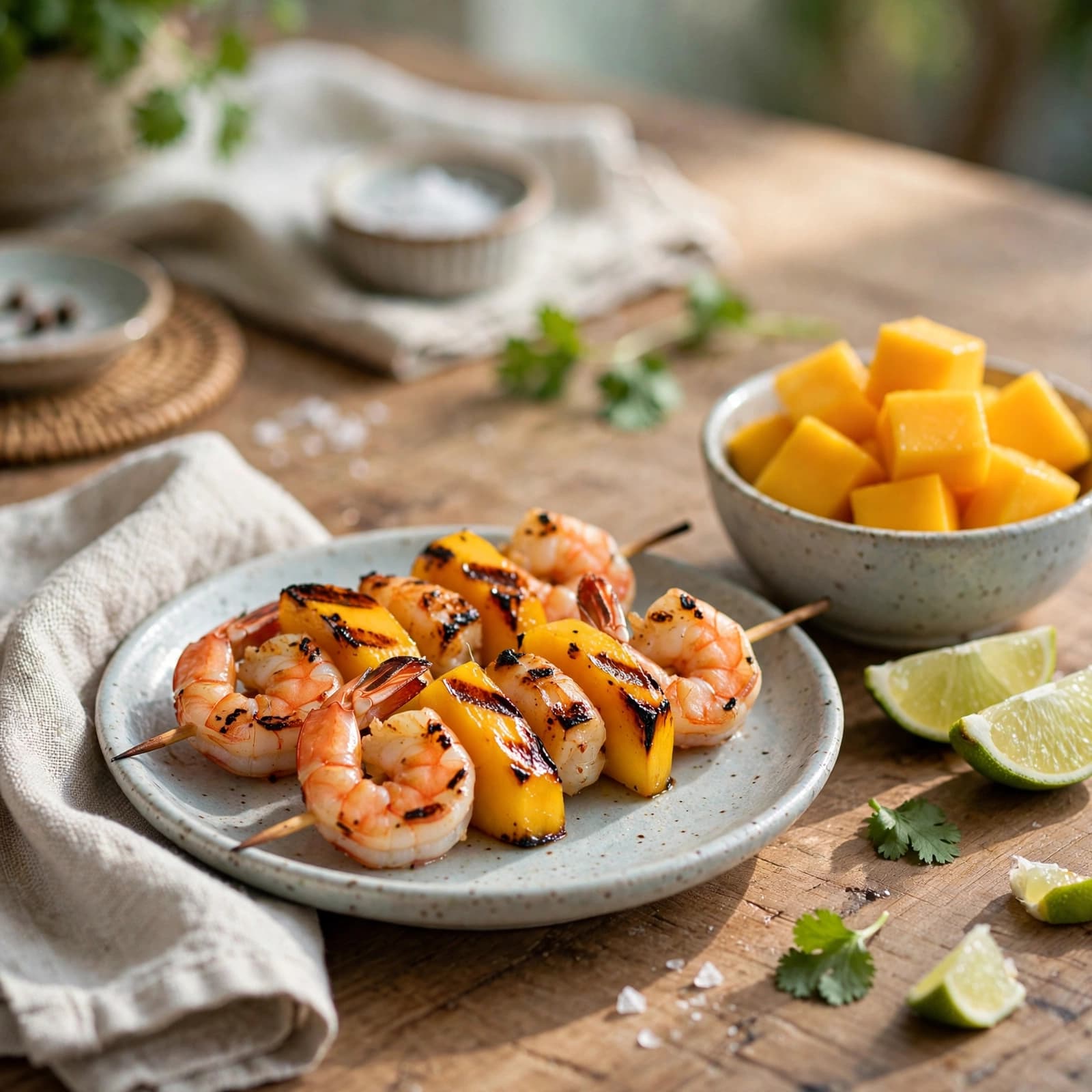 Brochetas de Camarón y Mango