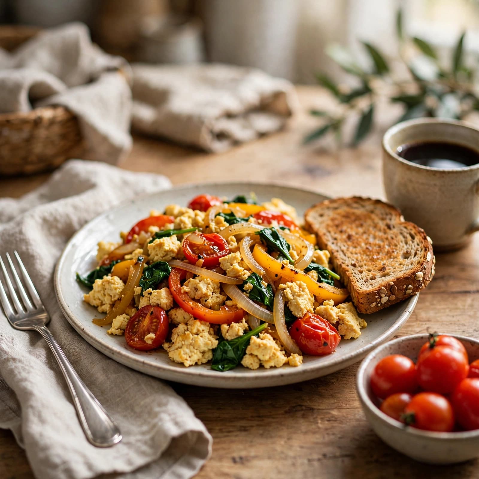 Tofu Revuelto con Vegetales y Tostada Integral