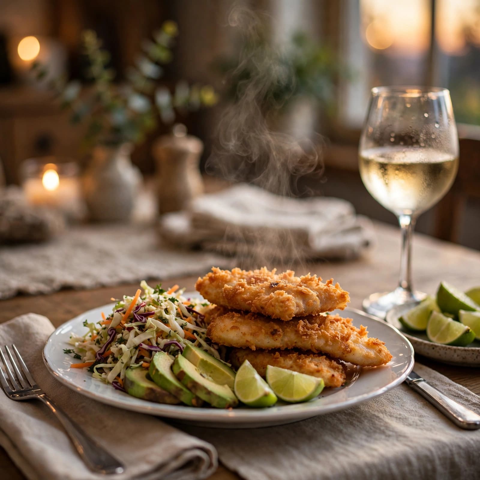 Pescado Frito con Ensalada de Repollo y Aguacate
