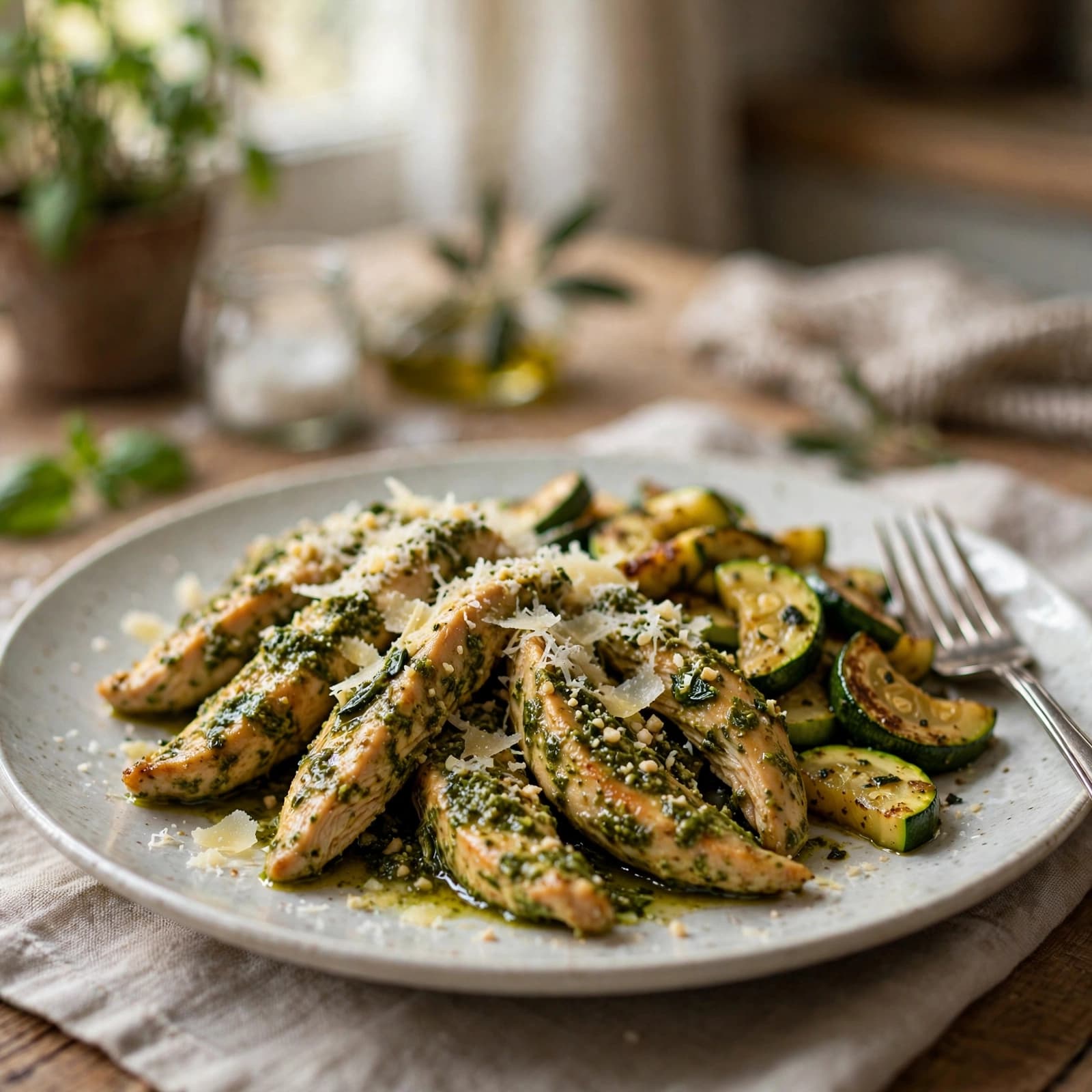 Pollo al Pesto con Calabacín Salteado