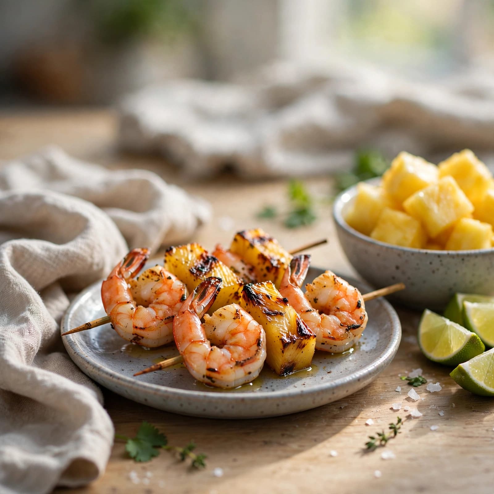 Brochetas de Camarón con Piña a la Parrilla