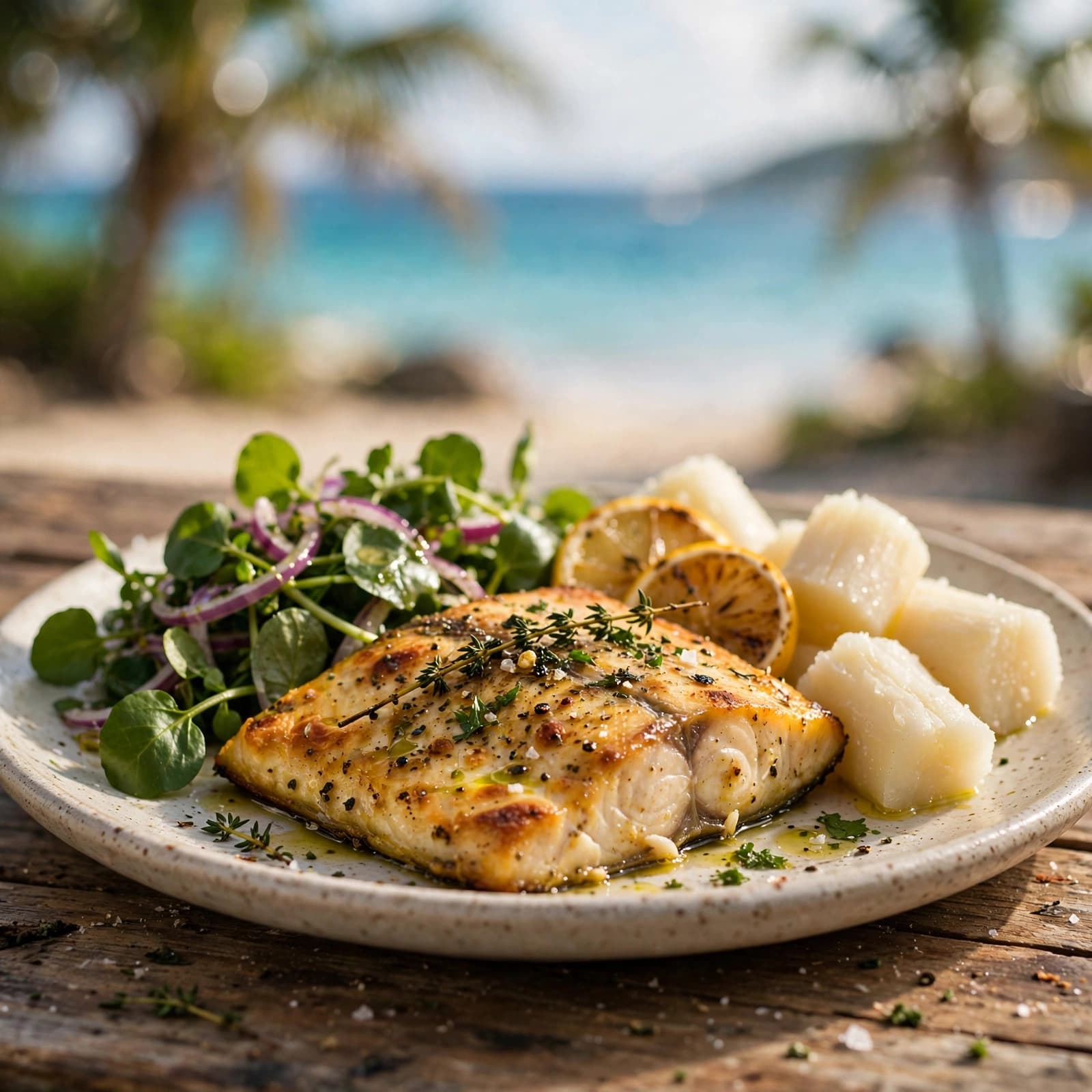Dorado al Horno con Yuca y Ensalada de Berro