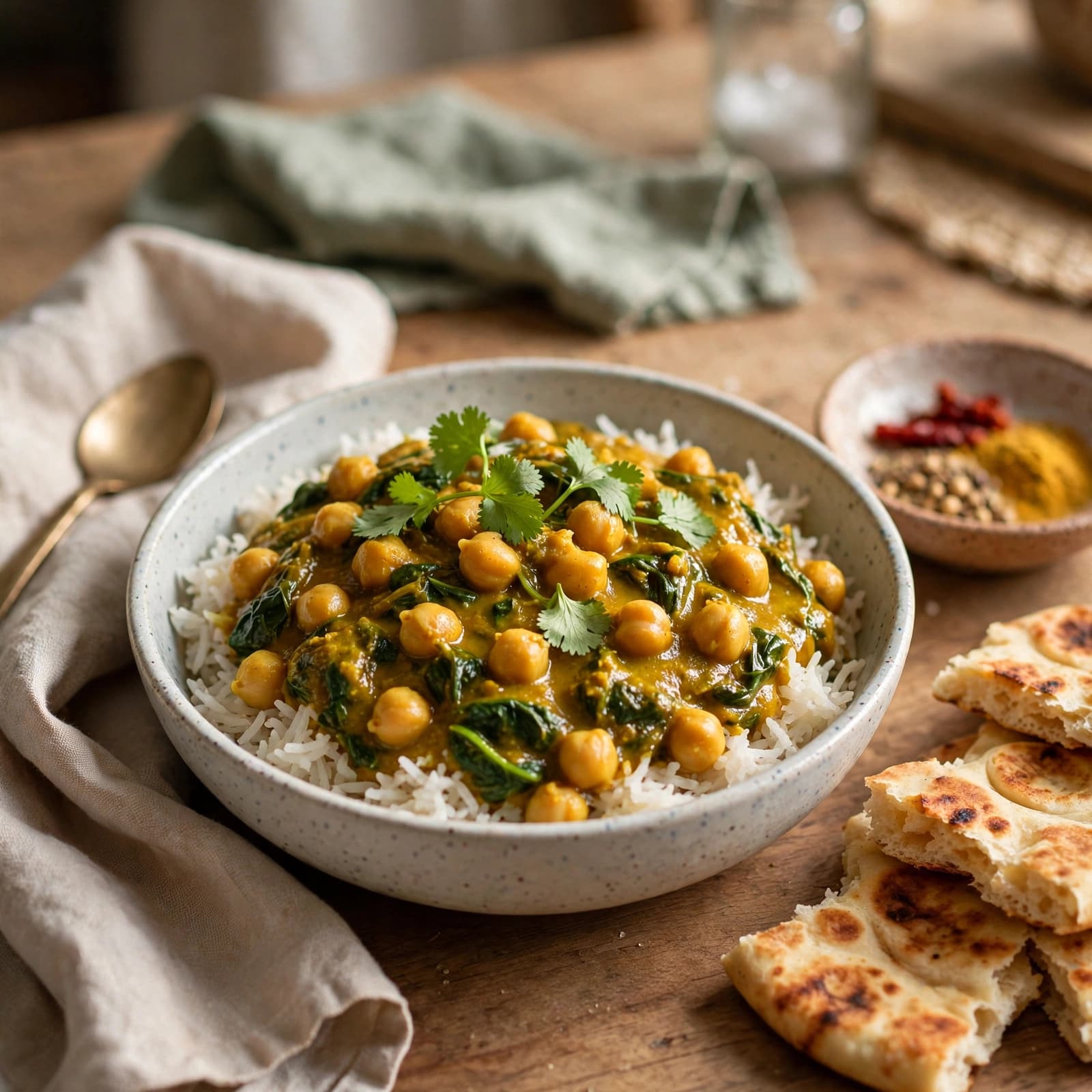 Curry de Garbanzos y Espinaca con Arroz Basmati