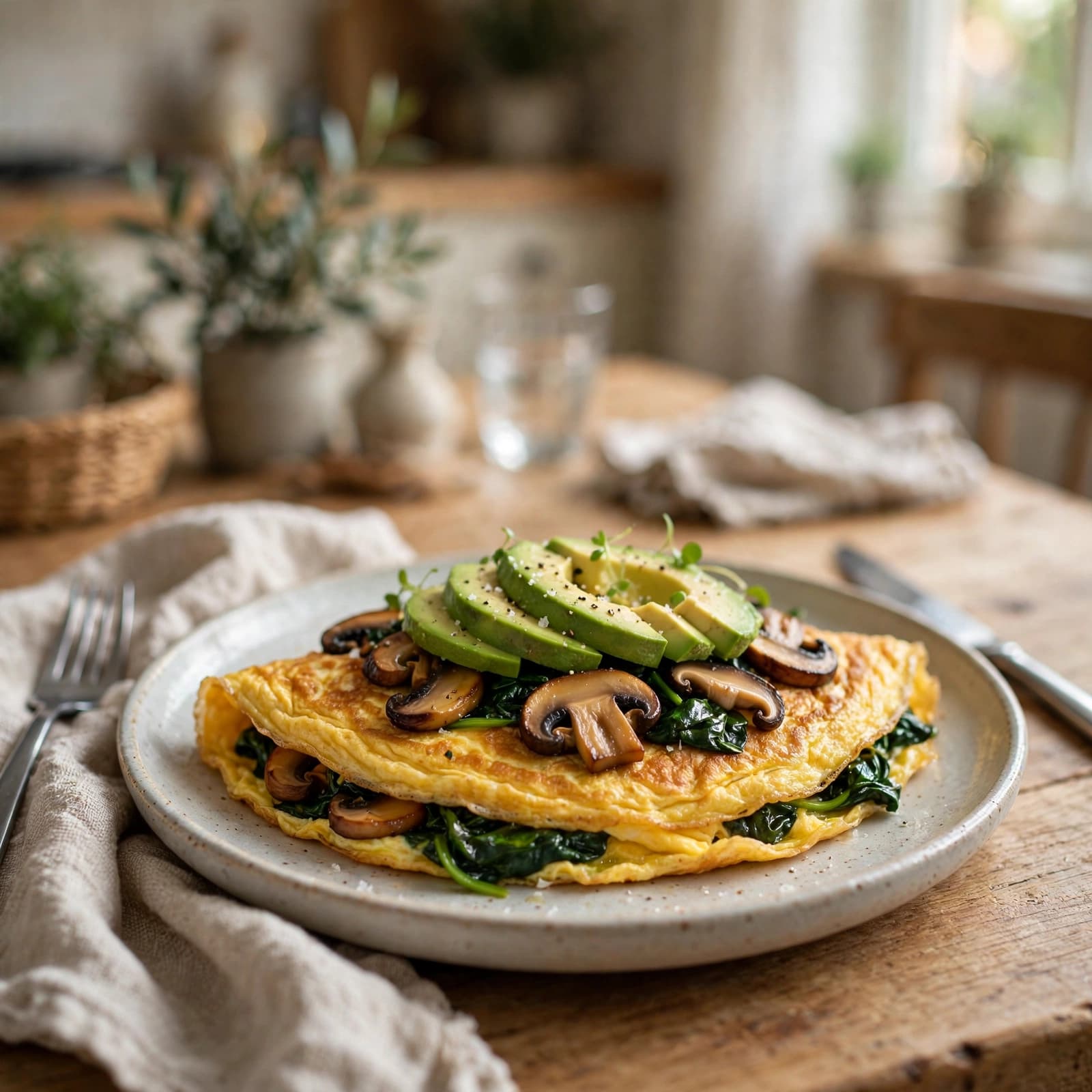 Tortilla de Huevos con Espinaca y Champiñones