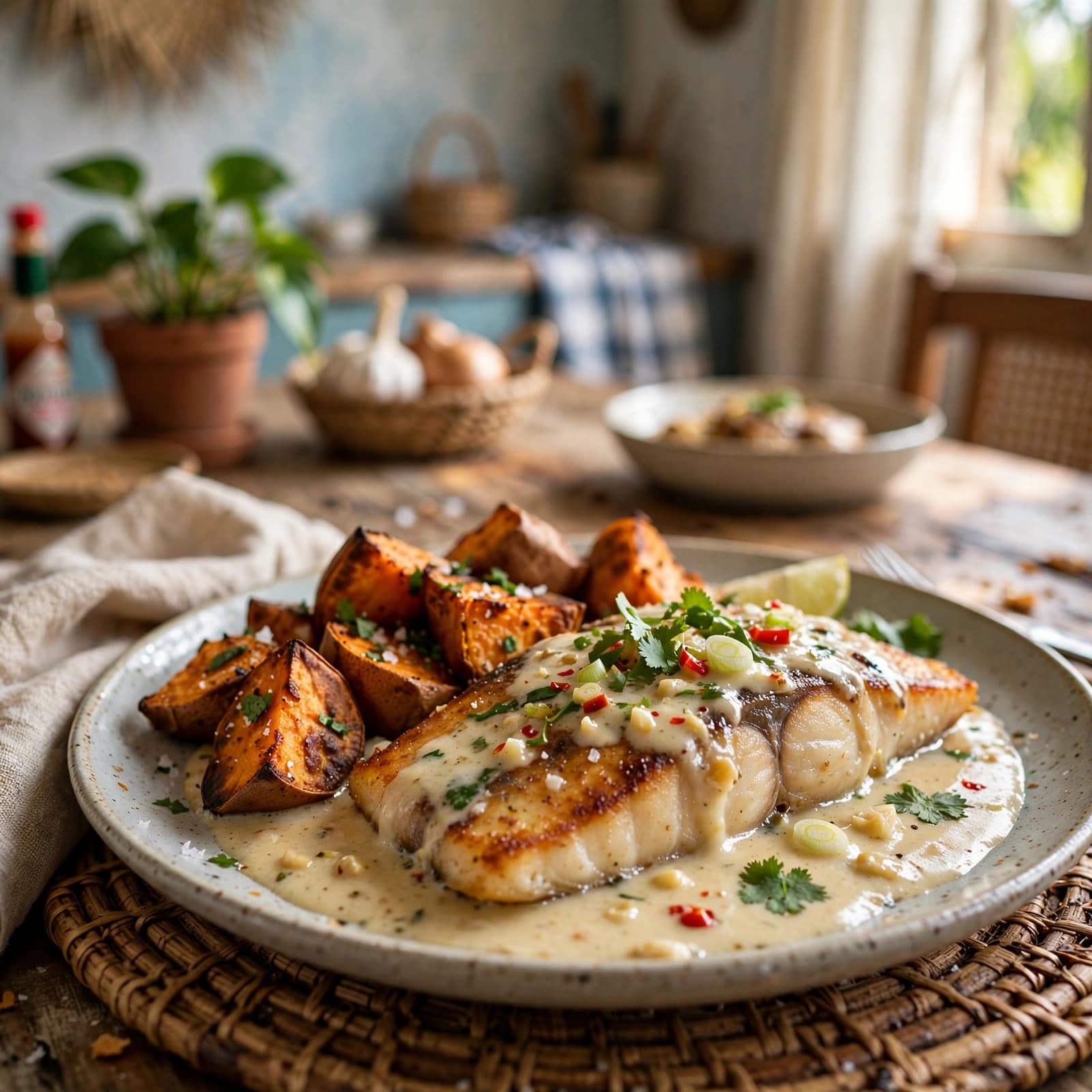 Dorado en Salsa de Coco con Batata Asada