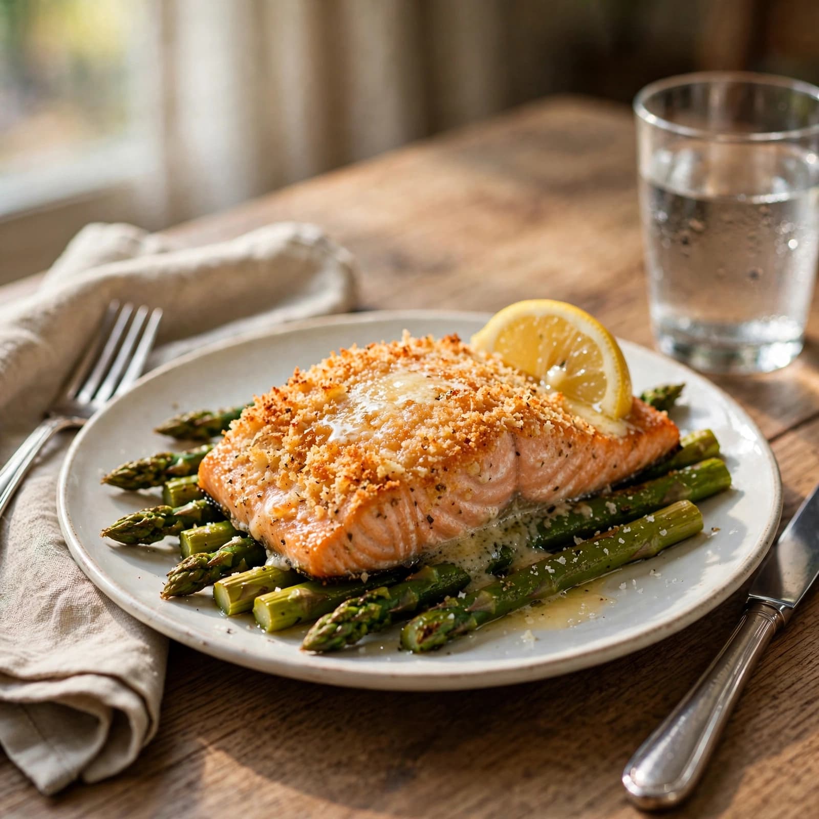 Salmón en Costra de Parmesano con Espárragos