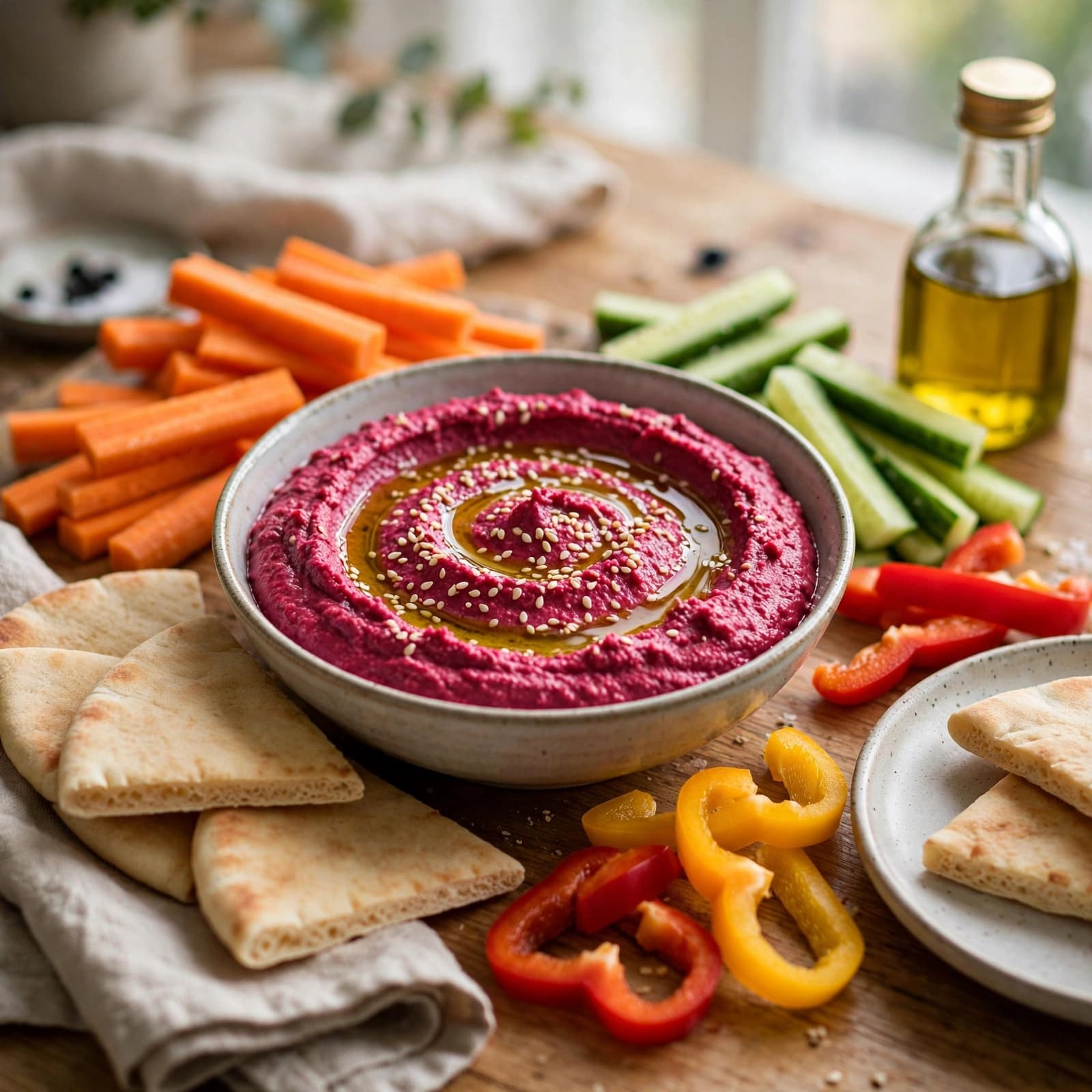 Hummus de Remolacha con Crudités y Pan Pita