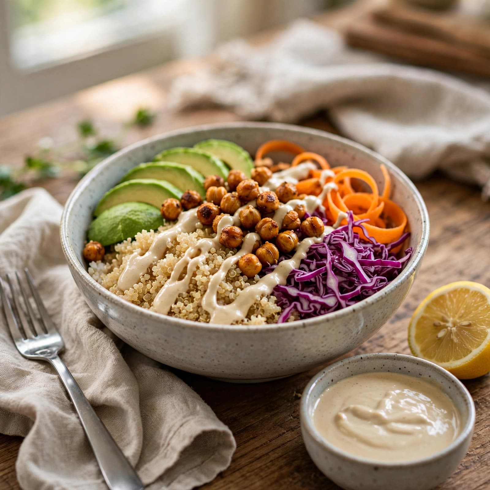 Buddha Bowl de Quinoa, Garbanzos Asados y Tahini