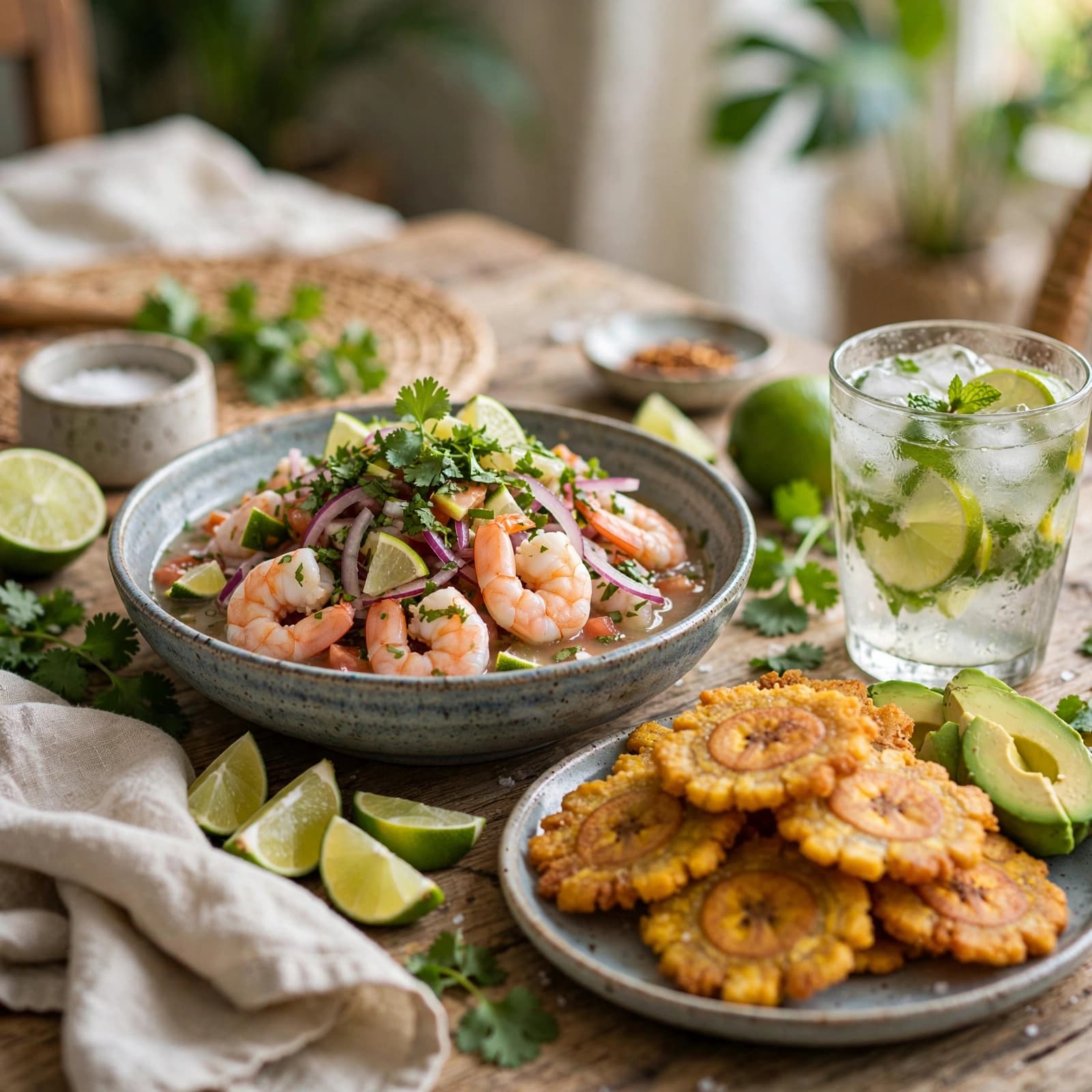 Ceviche de Camarones con Tostones
