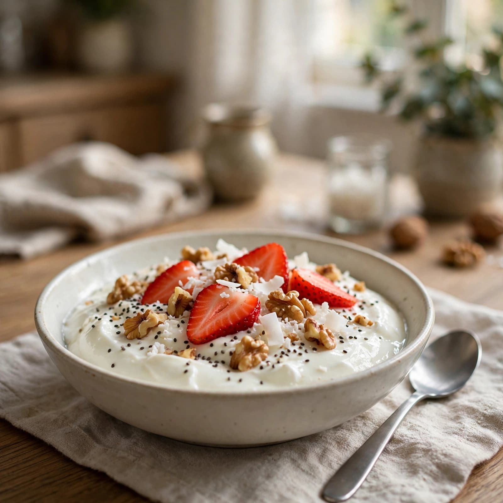 Bowl de Yogur Griego con Nueces y Fresas