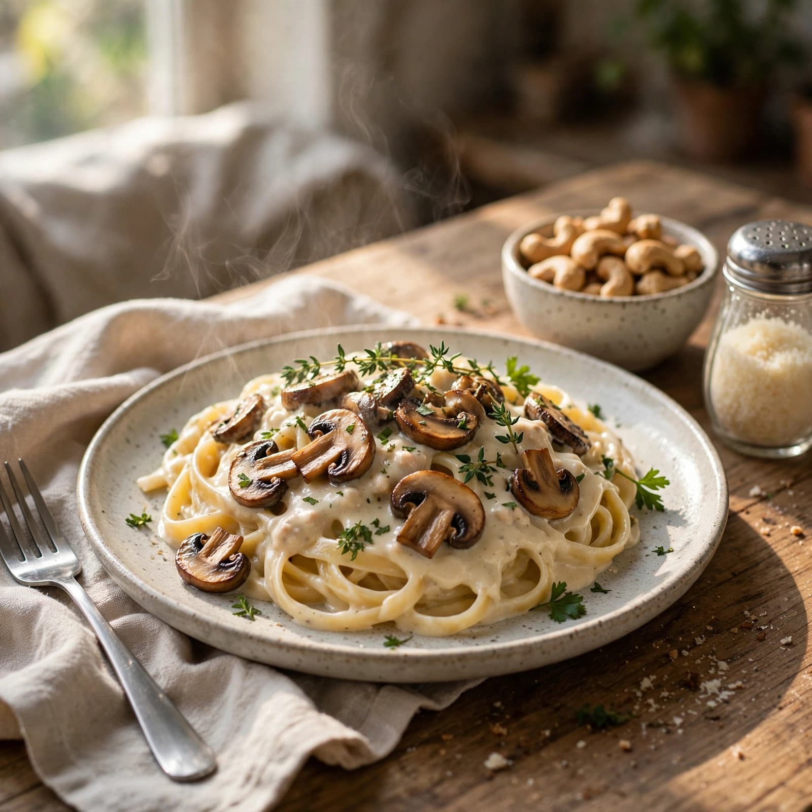 Pasta con Salsa Cremosa de Anacardos y Champiñones