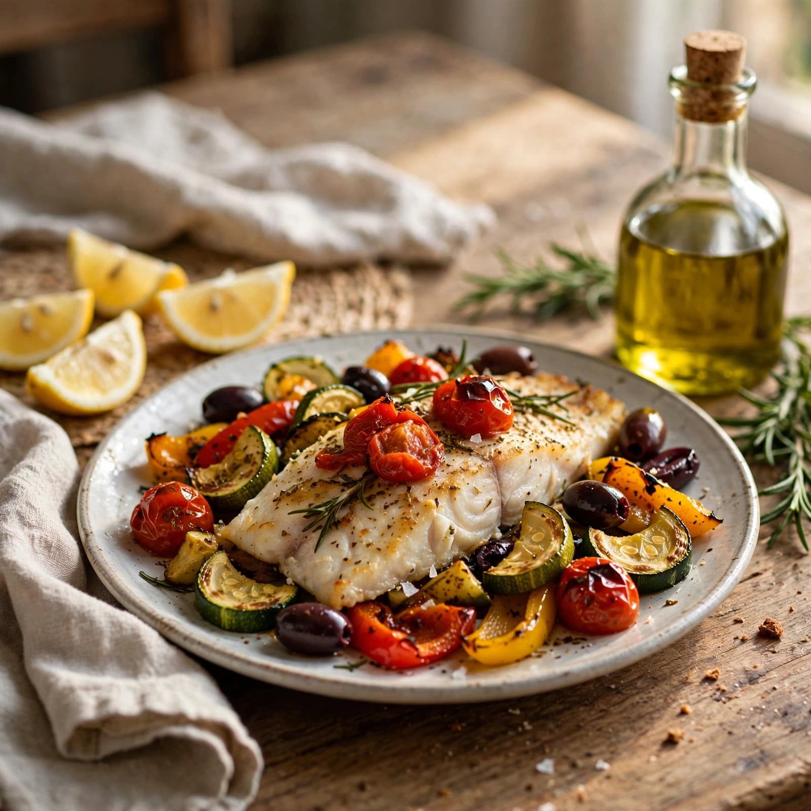 Filete de Pescado al Horno con Vegetales Mediterráneos