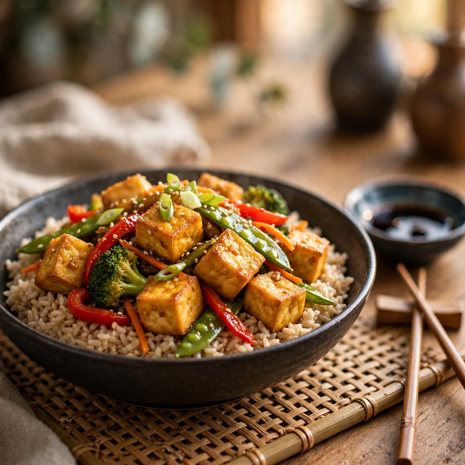 Salteado de Tofu con Vegetales y Arroz Integral
