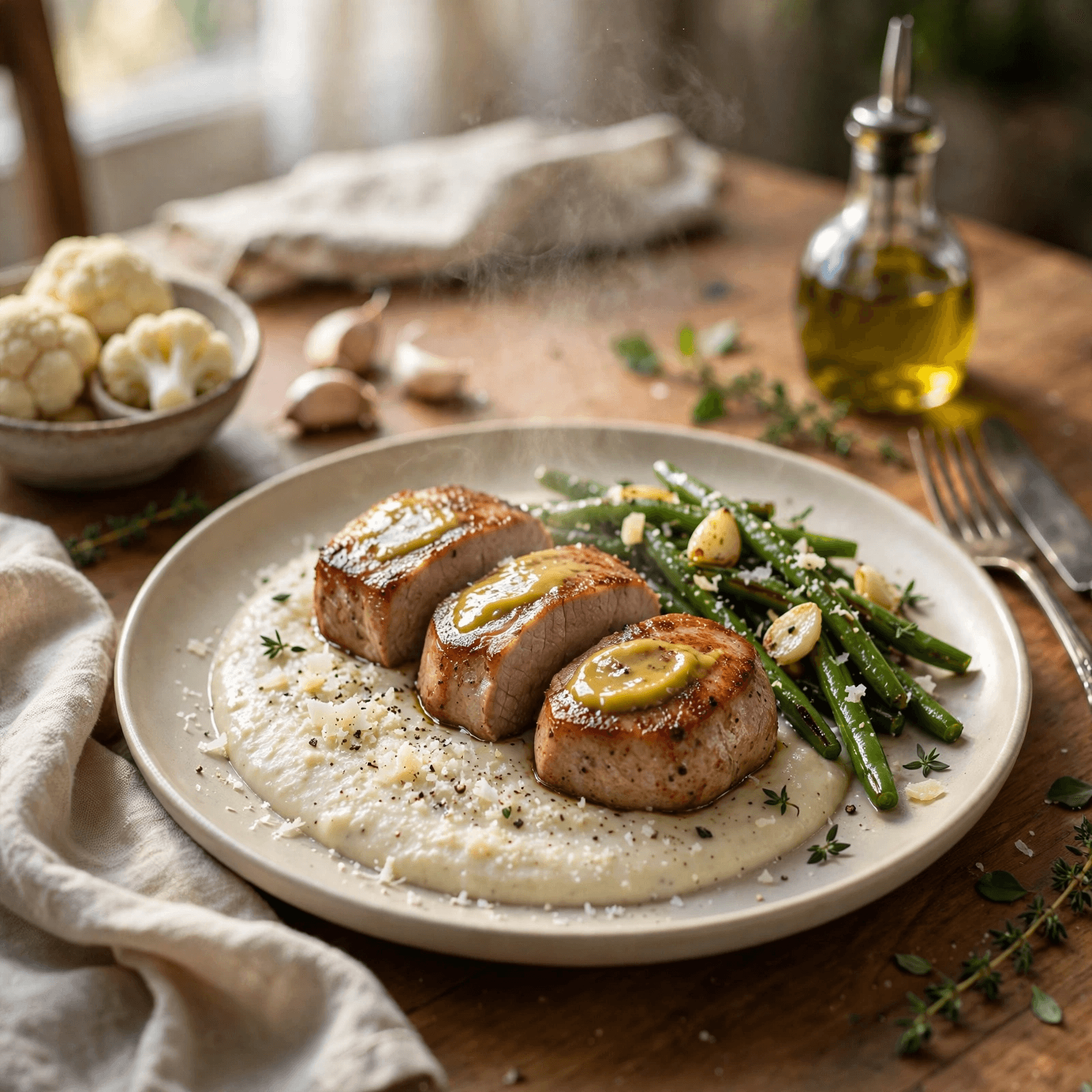 Lomo de Cerdo con Puré de Coliflor y Ejotes